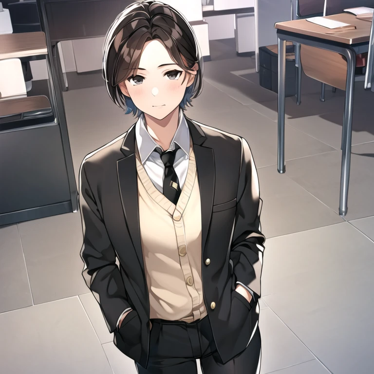 masterpiece, best quality, 1boy, solo, mature male,  spiky hair, short hair, brown hair, hazel eyes, beard, black jacket, collared shirt, necktie, black tie, black pants, office, hands in pockets