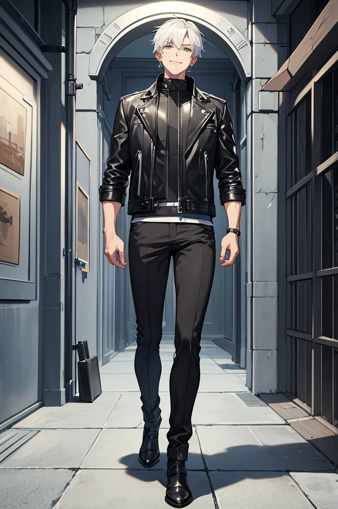 masterpiece, highest quality, (Highly detailed CG Unity 8K wallpaper) (highest quality), (best illustrations), best shadow, male, criminal, leather jacket, smile, Tall man, delicate face