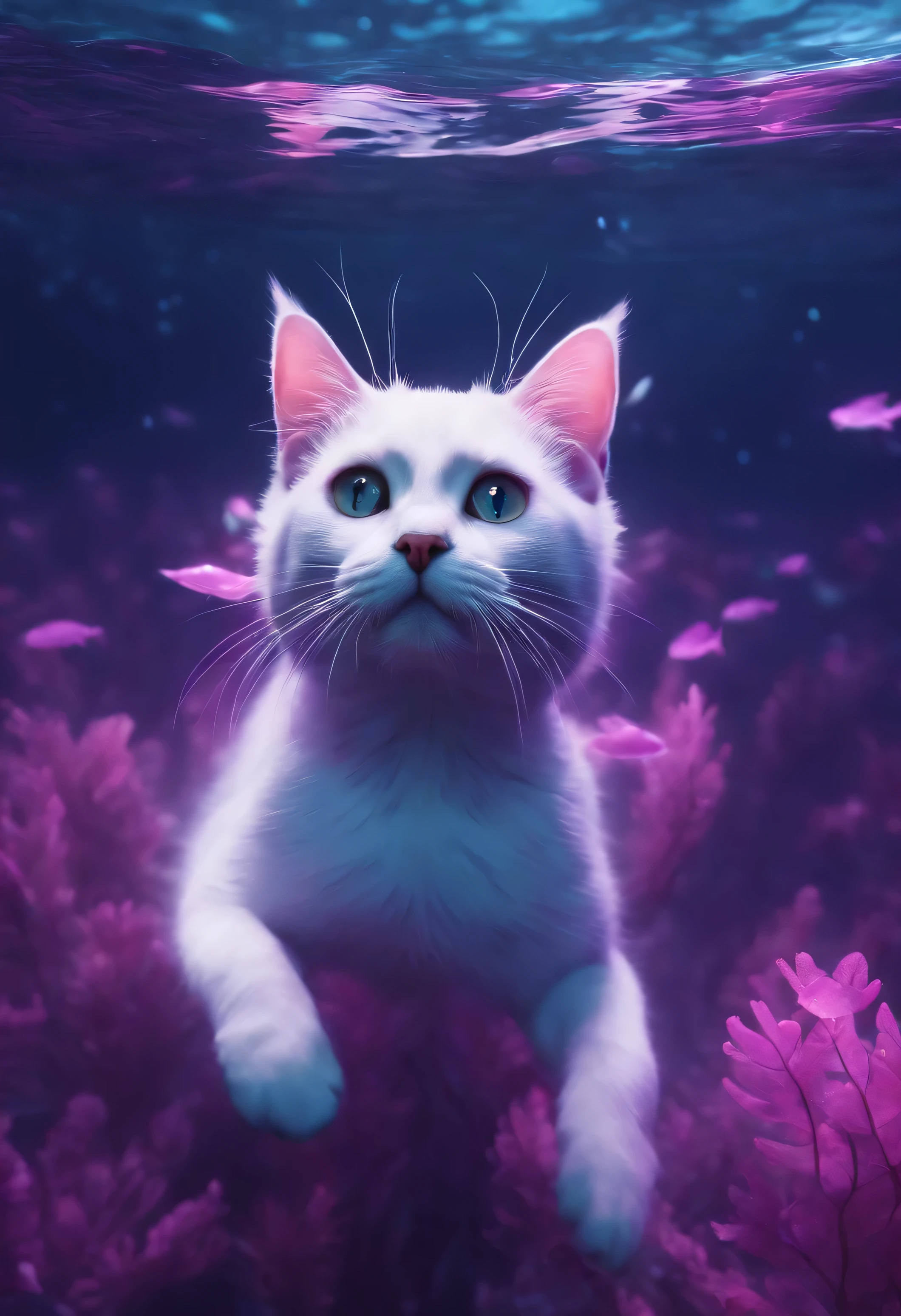 underwater, Sea, purple, pink, Cat, Cat swimming, (shape: 1.0), great composition, realistic lighting, HD details, masterpiece, highest quality, (8k wallpaper that integrates high-definition CG)