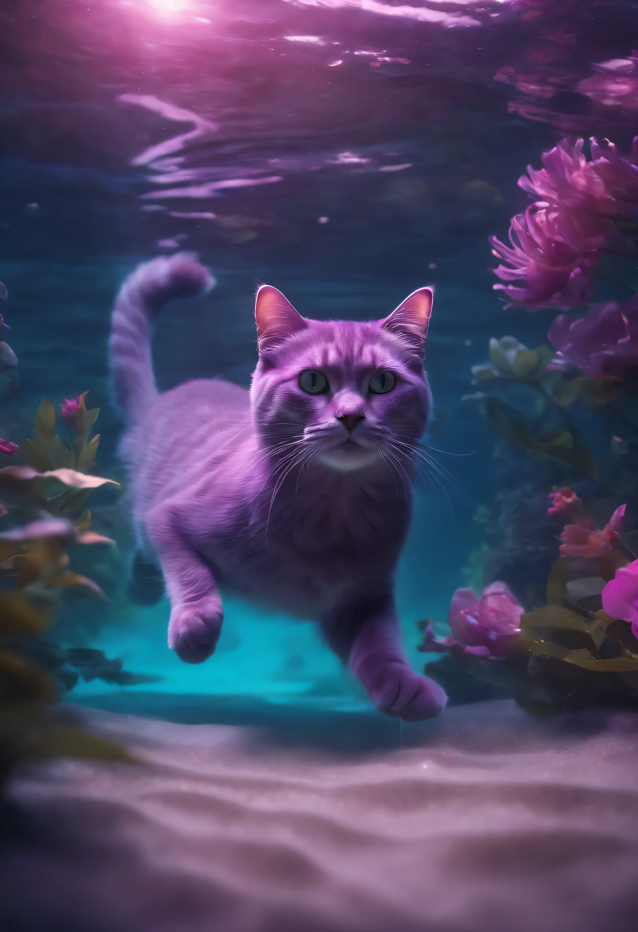 underwater, Sea, purple, pink, Cat, Cat swimming, (shape: 1.0), great composition, realistic lighting, HD details, masterpiece, highest quality, (8k wallpaper that integrates high-definition CG)