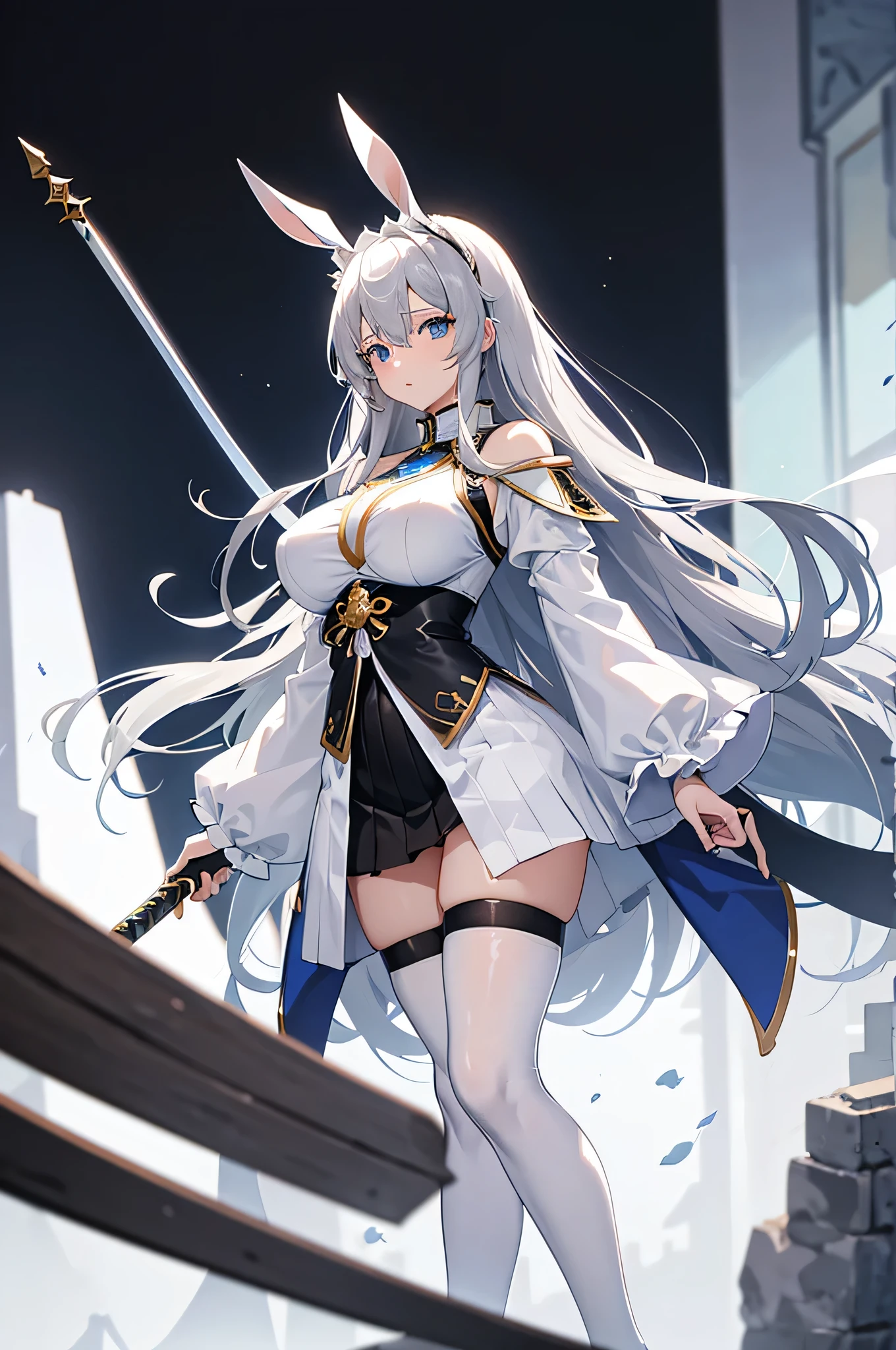 4K,High resolution,one woman,gray hair,long hair,blue eyes,big breasts,knight,white bunny girl clothes,High leg,black tights,White transparent skirt,白色のknightのグローブ,Long sword,medieval castle