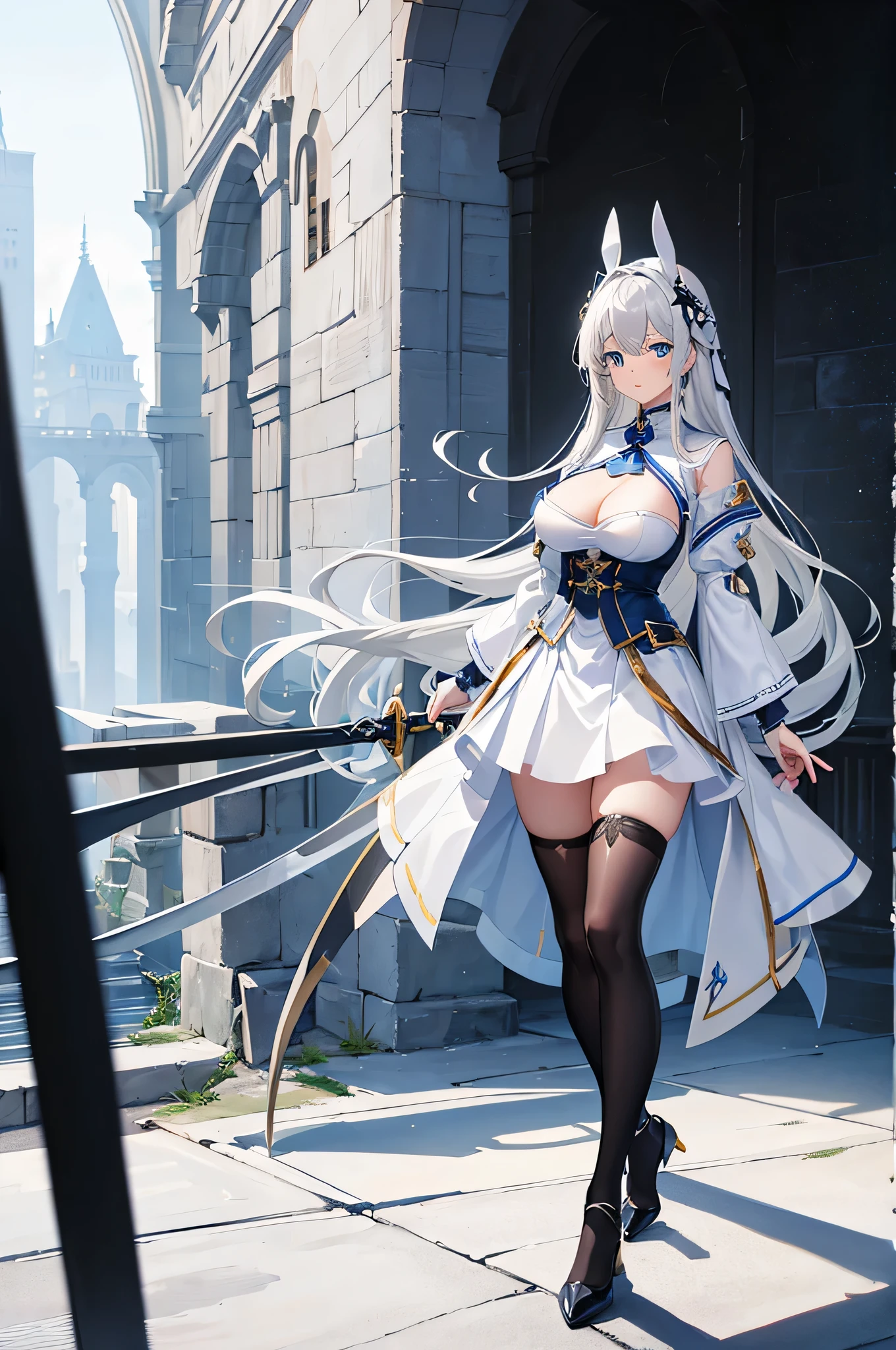 4K,High resolution,one woman,gray hair,long hair,blue eyes,big breasts,knight,white bunny girl clothes,High leg,black tights,White transparent skirt,白色のknightのグローブ,Long sword,medieval castle