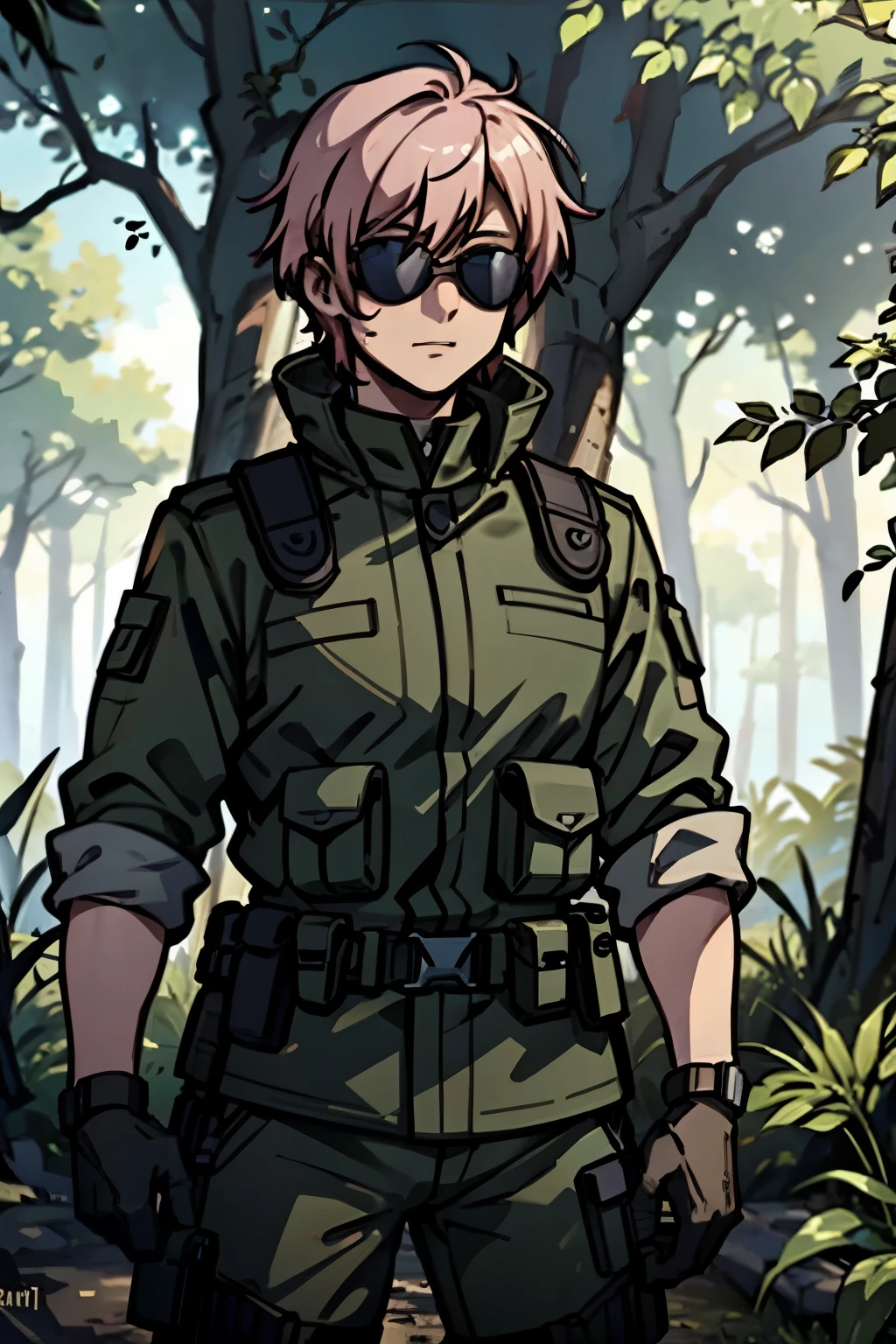 Male commando with very short pale pink hair, wearing dark black military combat gear, sunglasses and tactical helmet, standing in the forest