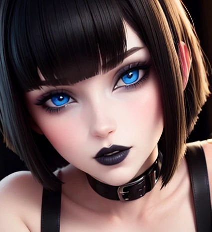 Fine and detailed face perfect blue eyes pale skin gothic makeup full lips sensual and provocative smile image 1.2 pelo negro corto con flequillo estilo bob, manos en el menton 