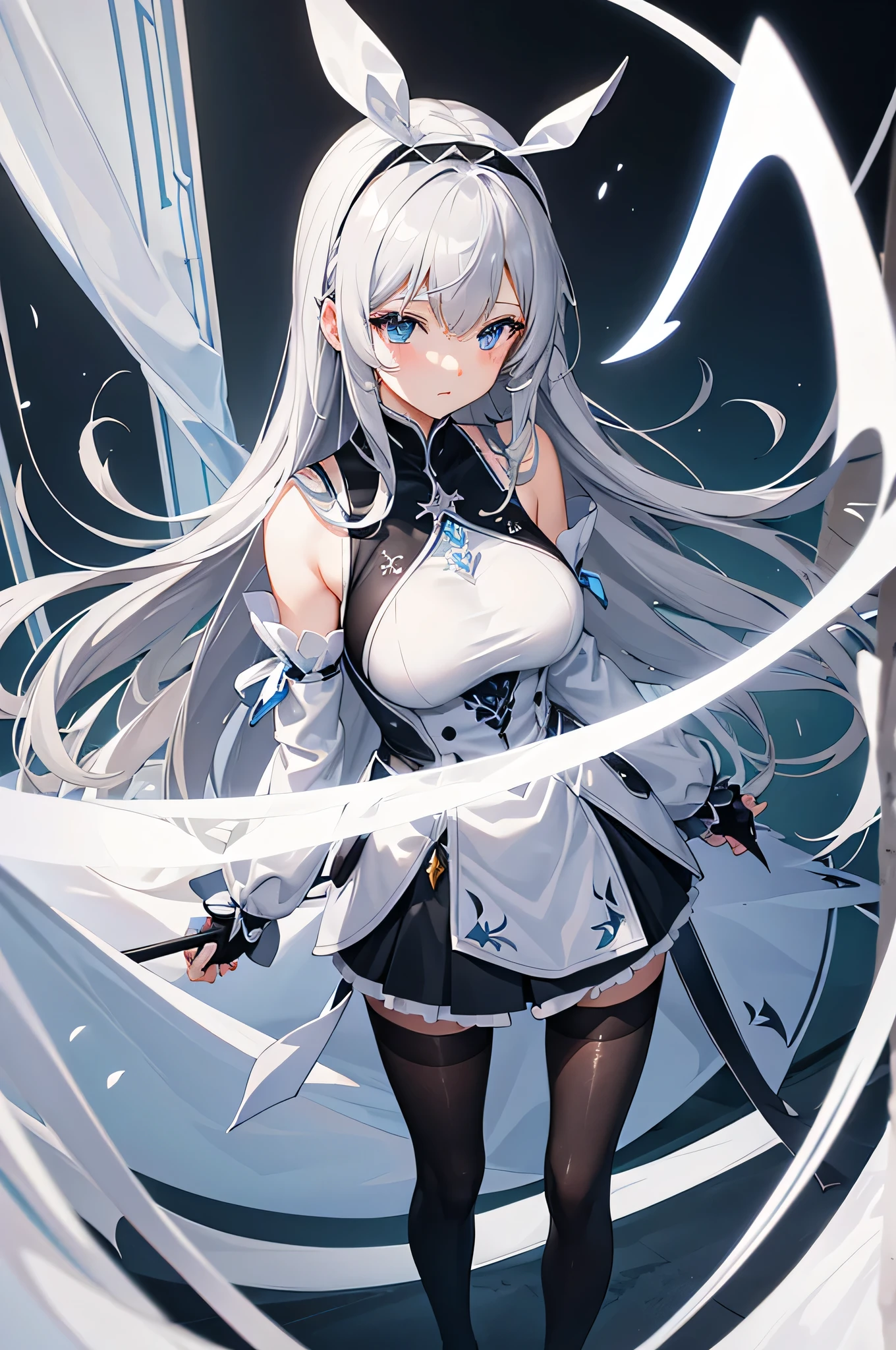 4K,High resolution,one woman,gray hair,long hair,blue eyes,big breasts,knight,white bunny girl clothes,High leg,black tights,White transparent skirt,白色のknightのグローブ,Long sword,medieval castle