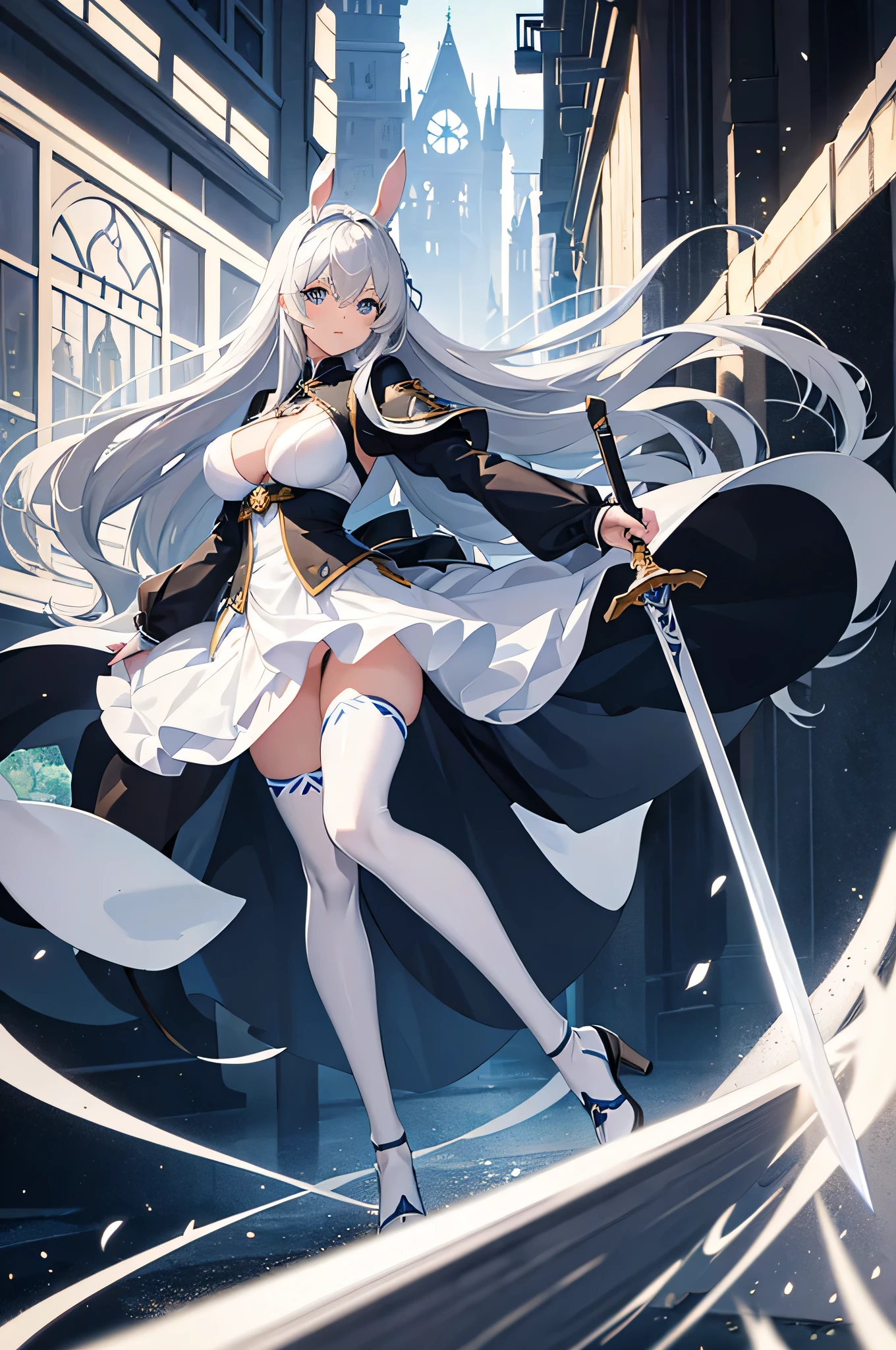 4K,High resolution,one woman,gray hair,long hair,blue eyes,big breasts,knight,white bunny girl clothes,High leg,black tights,White transparent skirt,白色のknightのグローブ,Long sword,medieval castle