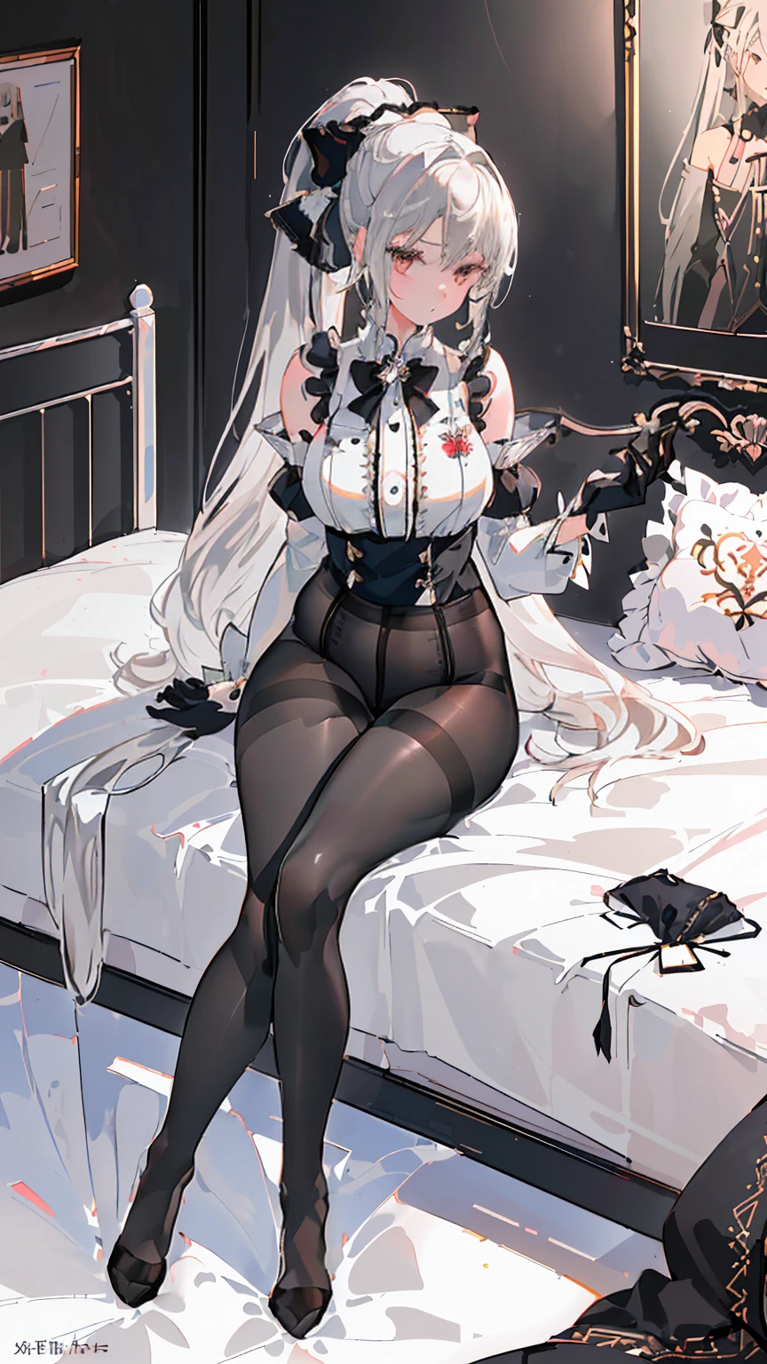 1 girl, Ray tracing, (dim lights), (Detailed background (bedroom), ((Fluffy silver hair, plump and slim girl) high ponytail) Avoid blonde eyes in the ominous bedroom (((Girl wears exquisitely embroidered black high-waisted pants with pantyhose) and white ruffled bow gloves), Show off your exquisite figure and graceful curves, correct limbs, sitting on bed)