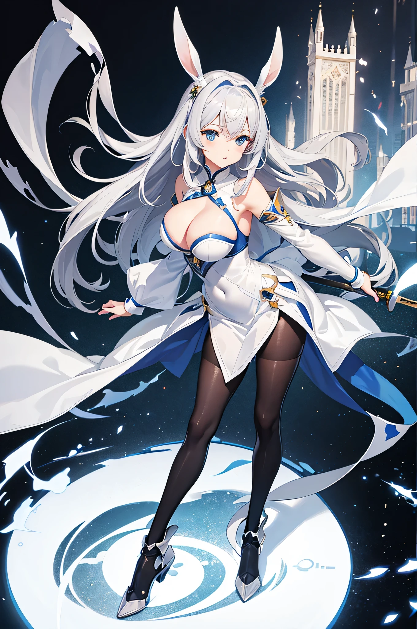 4K,High resolution,one woman,gray hair,long hair,blue eyes,big breasts,knight,white bunny girl clothes,High leg,black tights,White transparent skirt,白色のknightのグローブ,Long sword,medieval castle