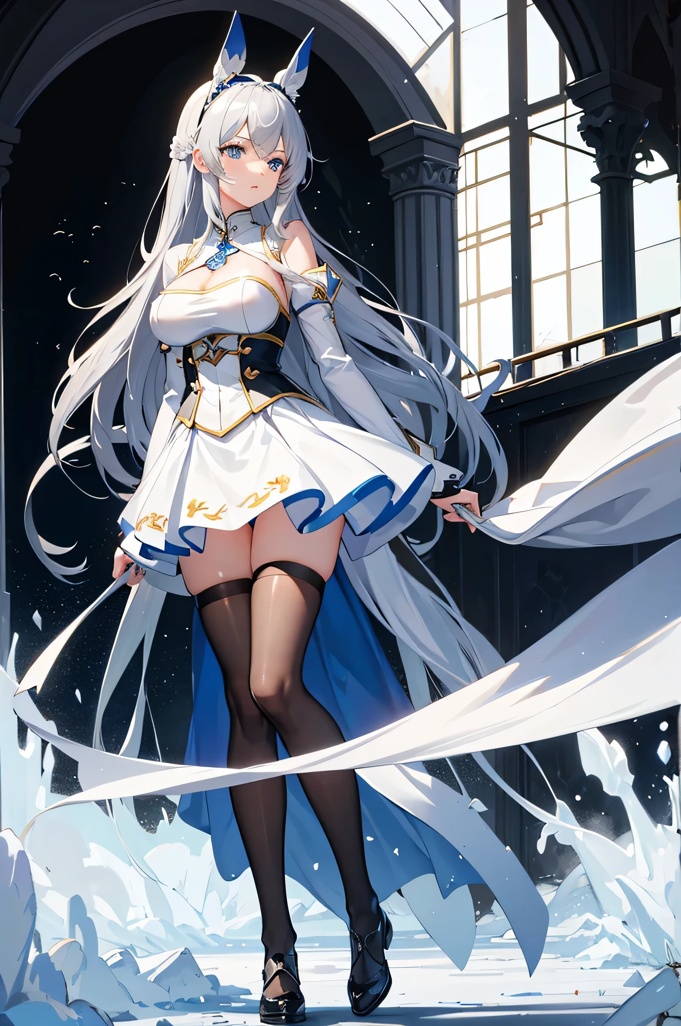 A girl with long white hair, blue colored eyes, normal breasts and modern clothes