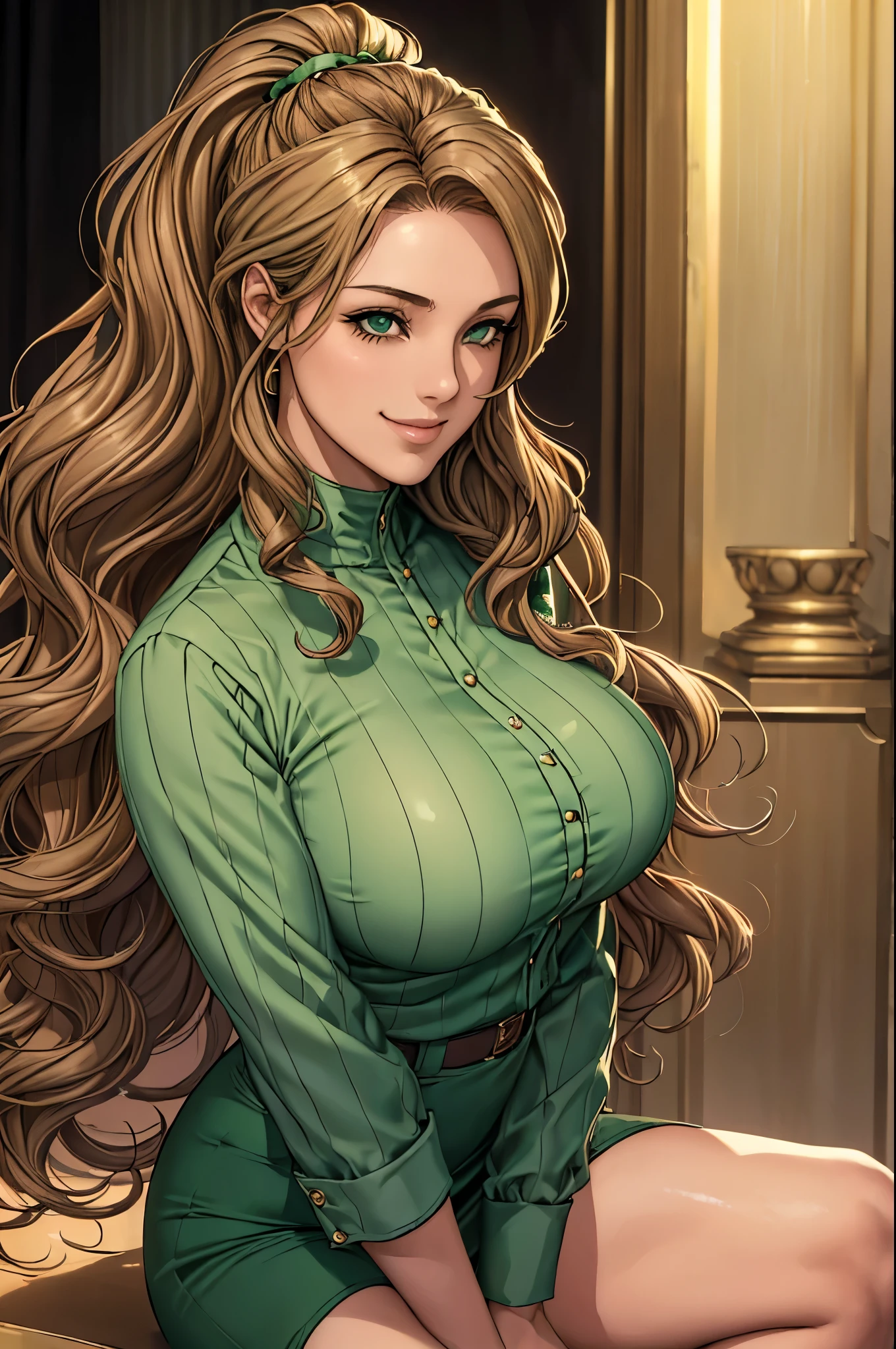 Female((30-years old)), hair((Wavy, Golden brown)), Eyes((smart Eyes, Green)), Clothes((New York Fashion Week, light Green)), Smiling, Breast Out, Ponytail, Accessories,
