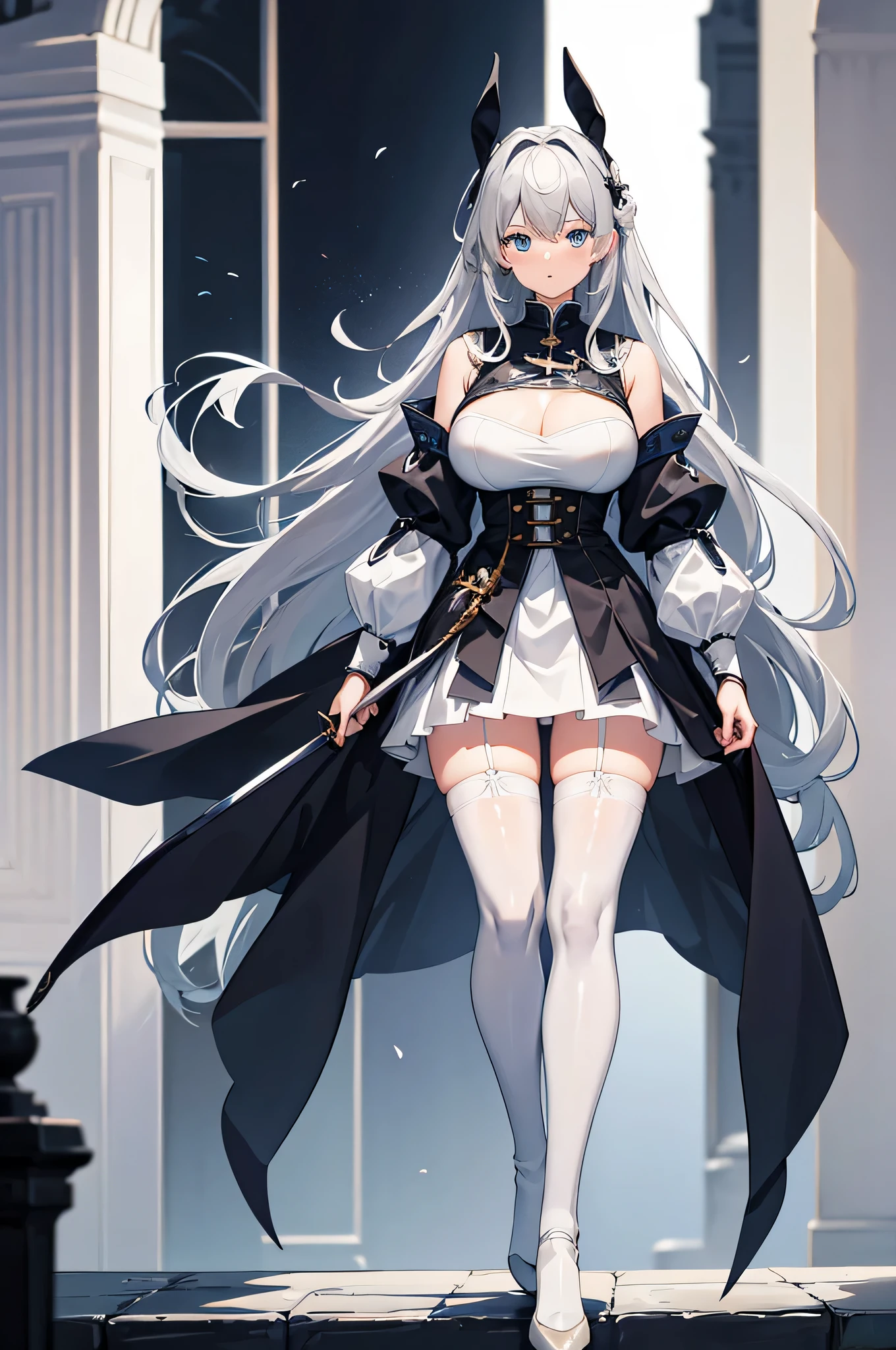 4K,High resolution,one woman,gray hair,long hair,blue eyes,big breasts,knight,white bunny girl clothes,High leg,black tights,White transparent skirt,白色のknightのグローブ,Long sword,medieval castle