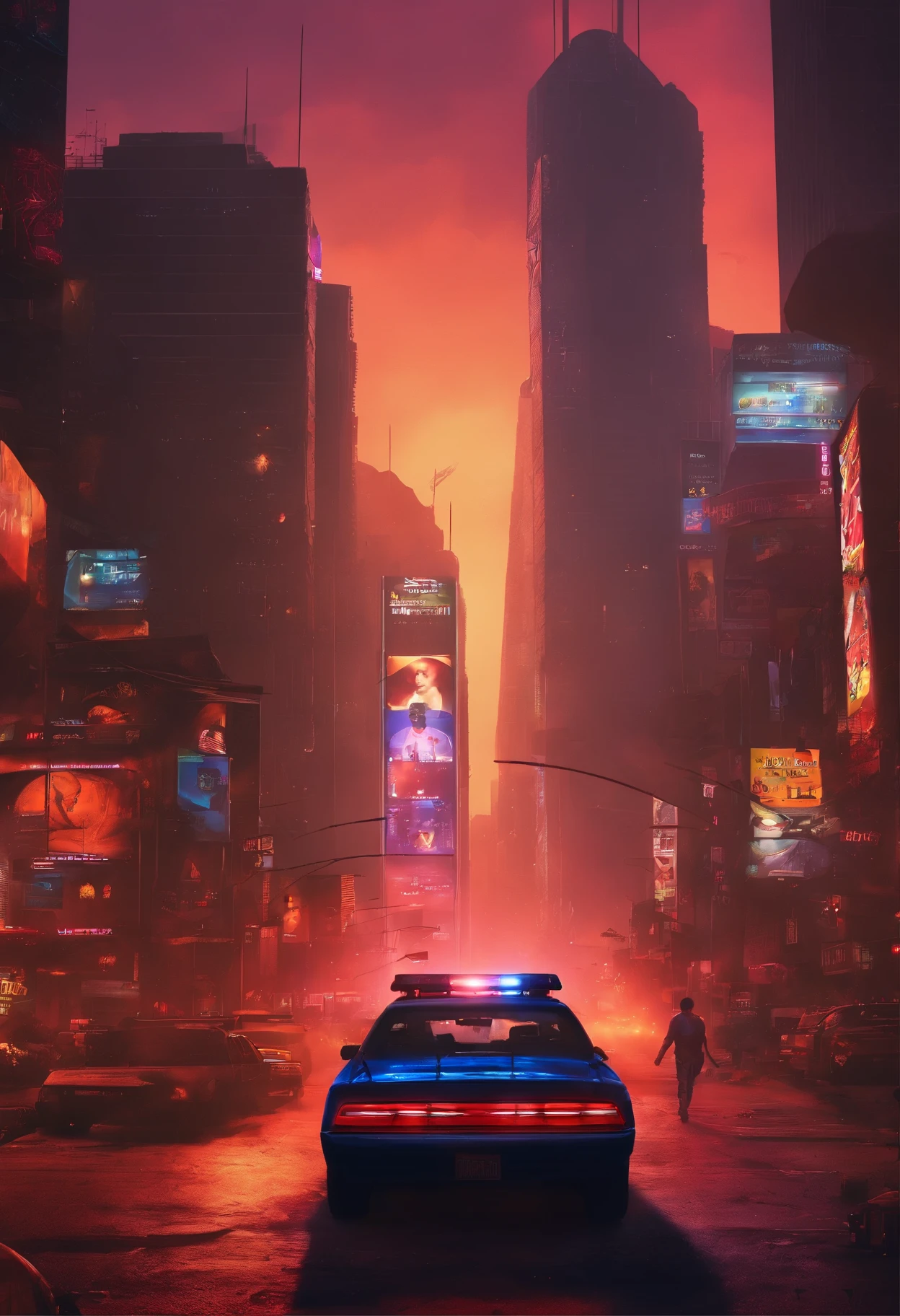 Create a movie poster, In the poster you can see in the foreground of the shot a police officer who is leaning on a police patrol car, the patrol car is from the Mexican police, the patrol car is a dodge charger, mexico city landscape, the city is full of garbage, there are many brown people walking on the street, Serious light pollution,A world without sunshine,More and more skyscrapers, Dense, there are no plants,stagnant air, mexico city landscape