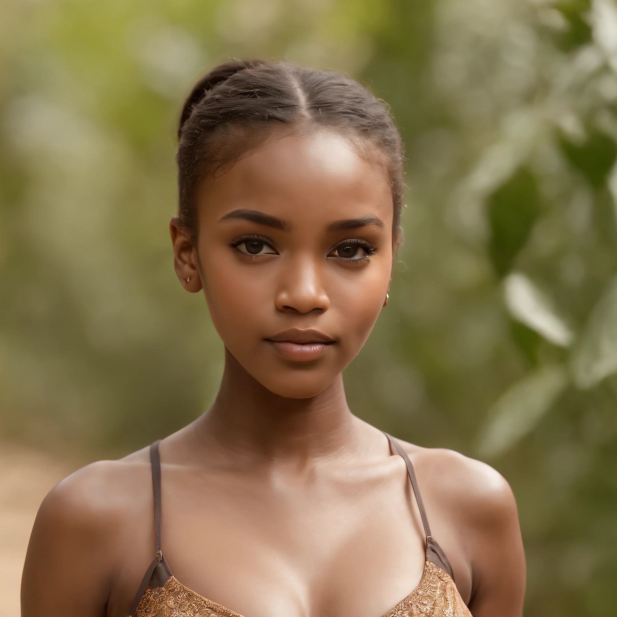 best quality, High detail, (detailed face), detailed eyes,((best quality, chef-d'artwork)), ((2 African girl with caramel skin)), Nu, (arm at side:1.2), aine,gros os de la hanche, queue de cheval, cheveux noirs, (((sous les seins))), debout, en plein air, Facing the side lanes,