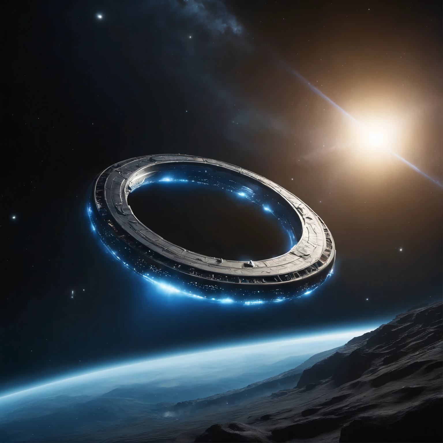 giant ring of the stargate in deep space, lightning runs along the stargate ring, blue plasma inside the stargate ring, ((a huge spaceship passes through the stargate ring)), a planet far in the background, the milky way, space, stars, (Best Quality, 16K, Masterpiece, UHD, Ultra quality cinematic lighting, Huge detail, Well lit, 35mm, sharp, hyper realistic, epic scale, insane level of details)