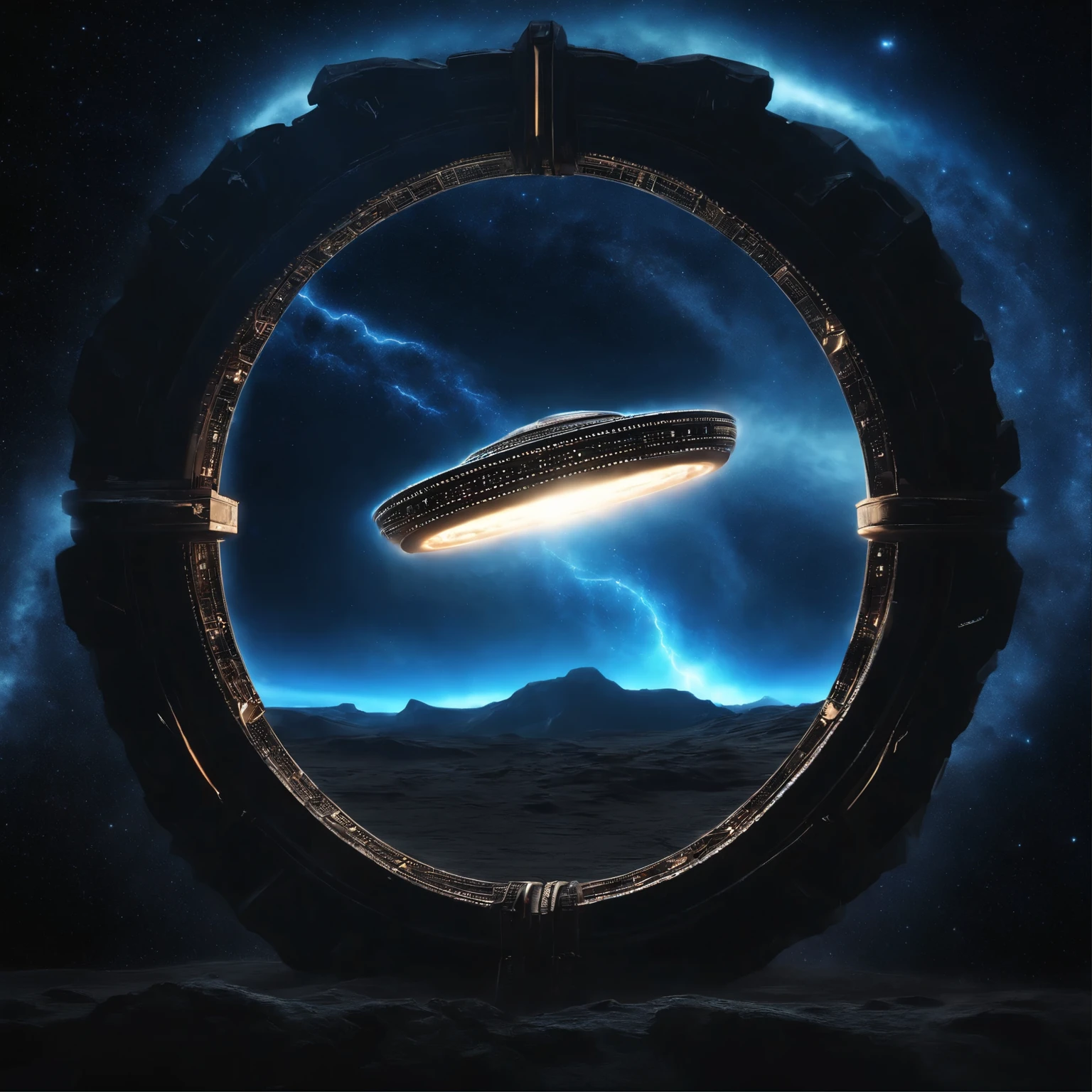 a very detailed image of the giant stargate ring in deep space, (lightning runs across the surface of the stargate ring), (((blue plasma inside the stargate ring flow to the center))), ((a huge long spaceship passes through the stargate ring, only half of the spaceship is visible)), a planet very far in the background, the milky way, space, stars, (Best Quality, 16K, Masterpiece, UHD, Ultra quality cinematic lighting, Huge detail, Well lit, 35mm, sharp, hyper realistic, epic scale, insane level of details)