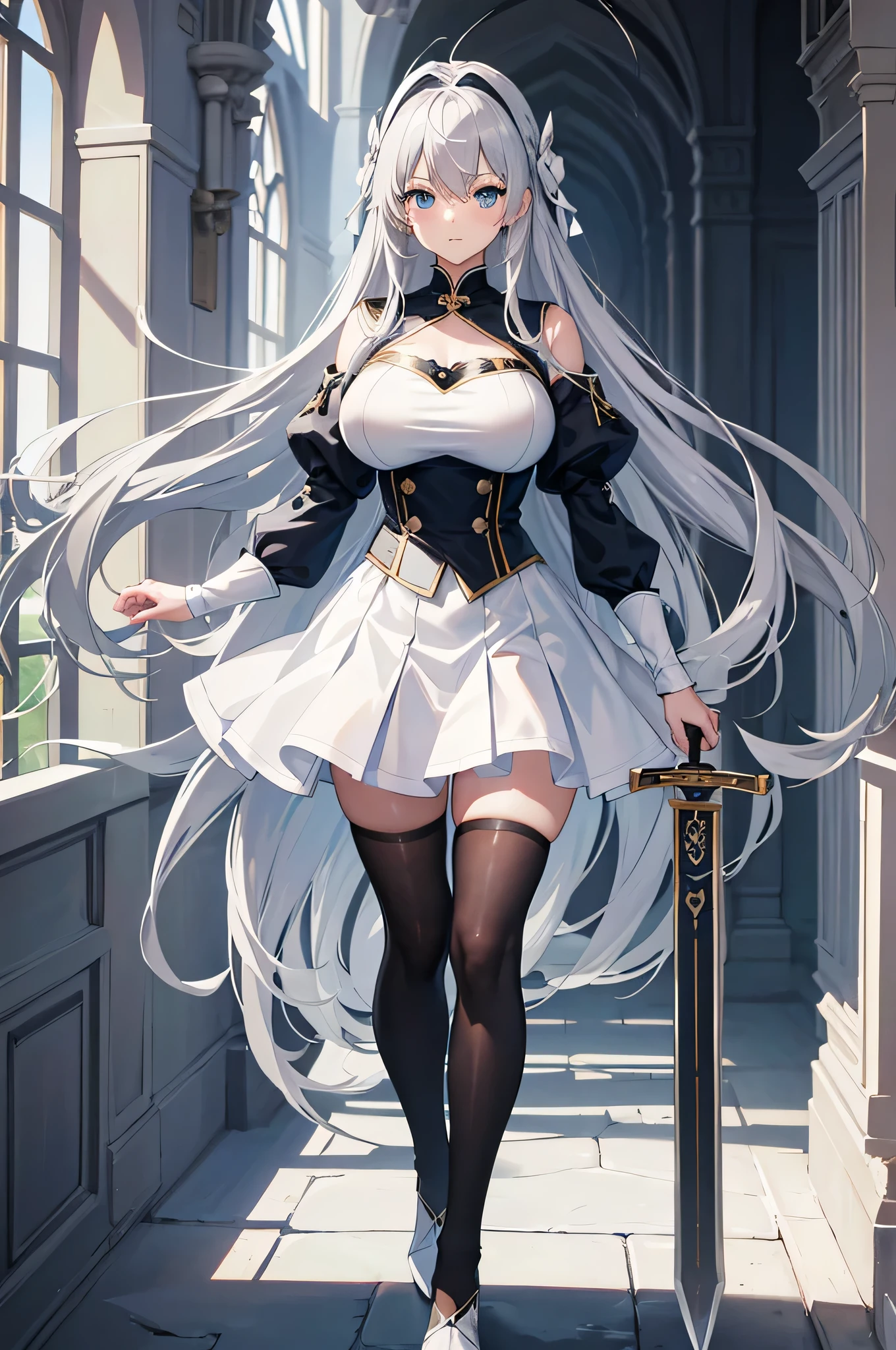 4K,High resolution,one woman,gray hair,long hair,blue eyes,big breasts,knight,white bunny girl clothes,High leg,black tights,White transparent skirt,白色のknightのグローブ,Long sword,medieval castle