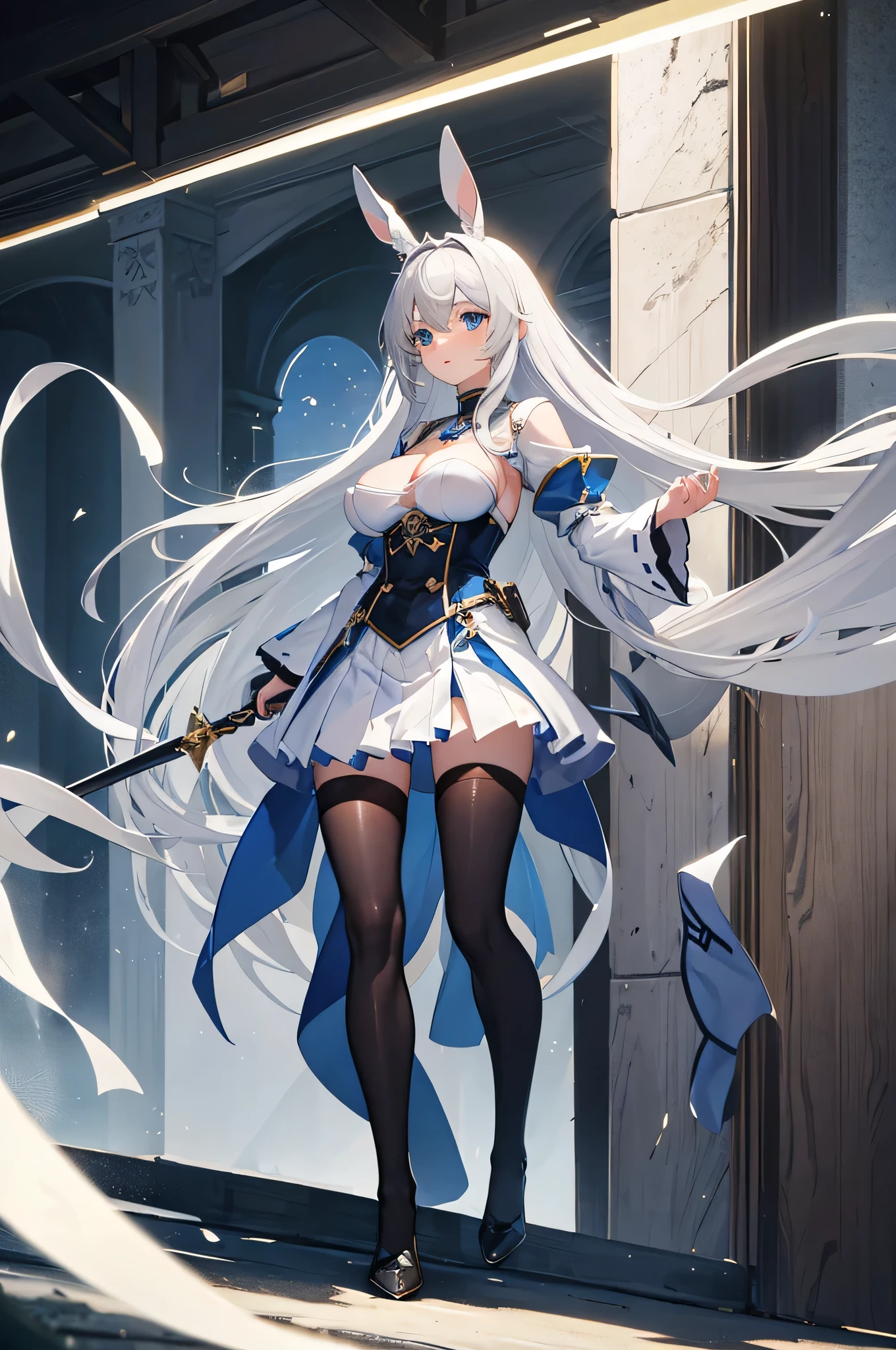 4K,High resolution,one woman,gray hair,long hair,blue eyes,big breasts,knight,white bunny girl clothes,High leg,black tights,White transparent skirt,白色のknightのグローブ,Long sword,medieval castle