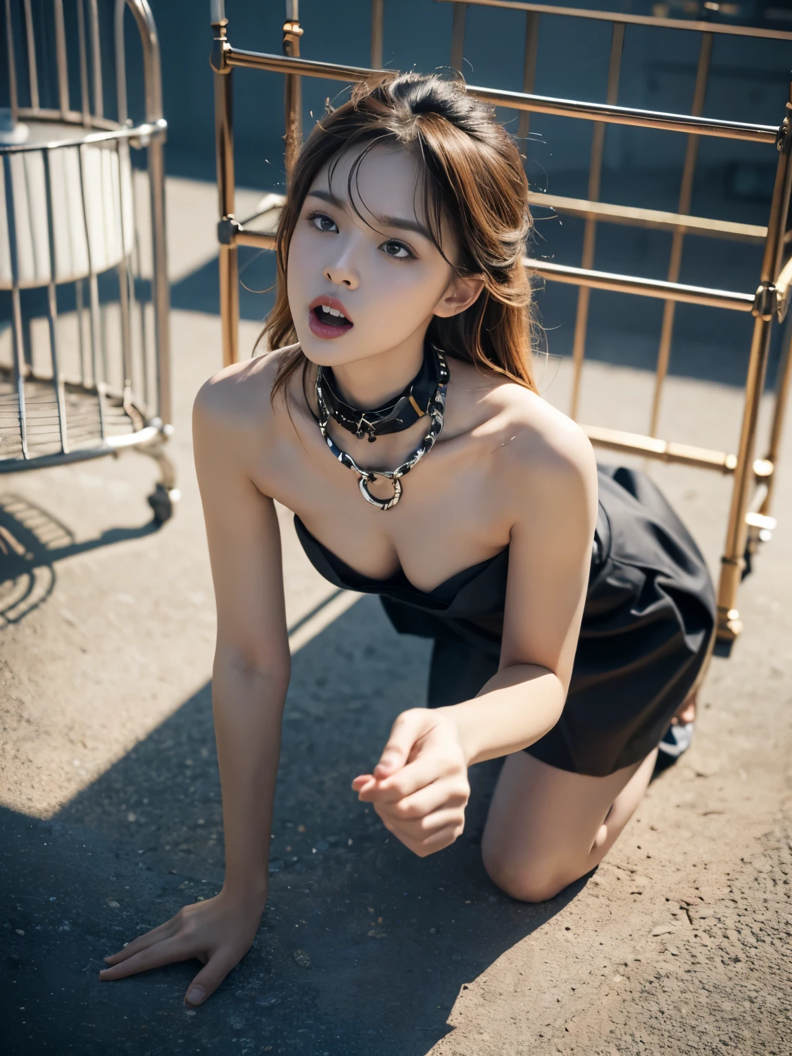 unparalleled beauty，Beautiful woman，scared look，(prison)，(prison)，(in a cage)，get down on all fours，crawl on hands and knees，kneeling position，Posture with butt sticking out，dog pose，((stick out tongue))，((drooling))，Kamimei，From above，(collar with chain)， With cuffs，fetters，surrealism, f/1.2, fujifilm, 35mm, 8K, Super detailed, nffsw, table top, rough skin, high quality, 最high quality, hard disk