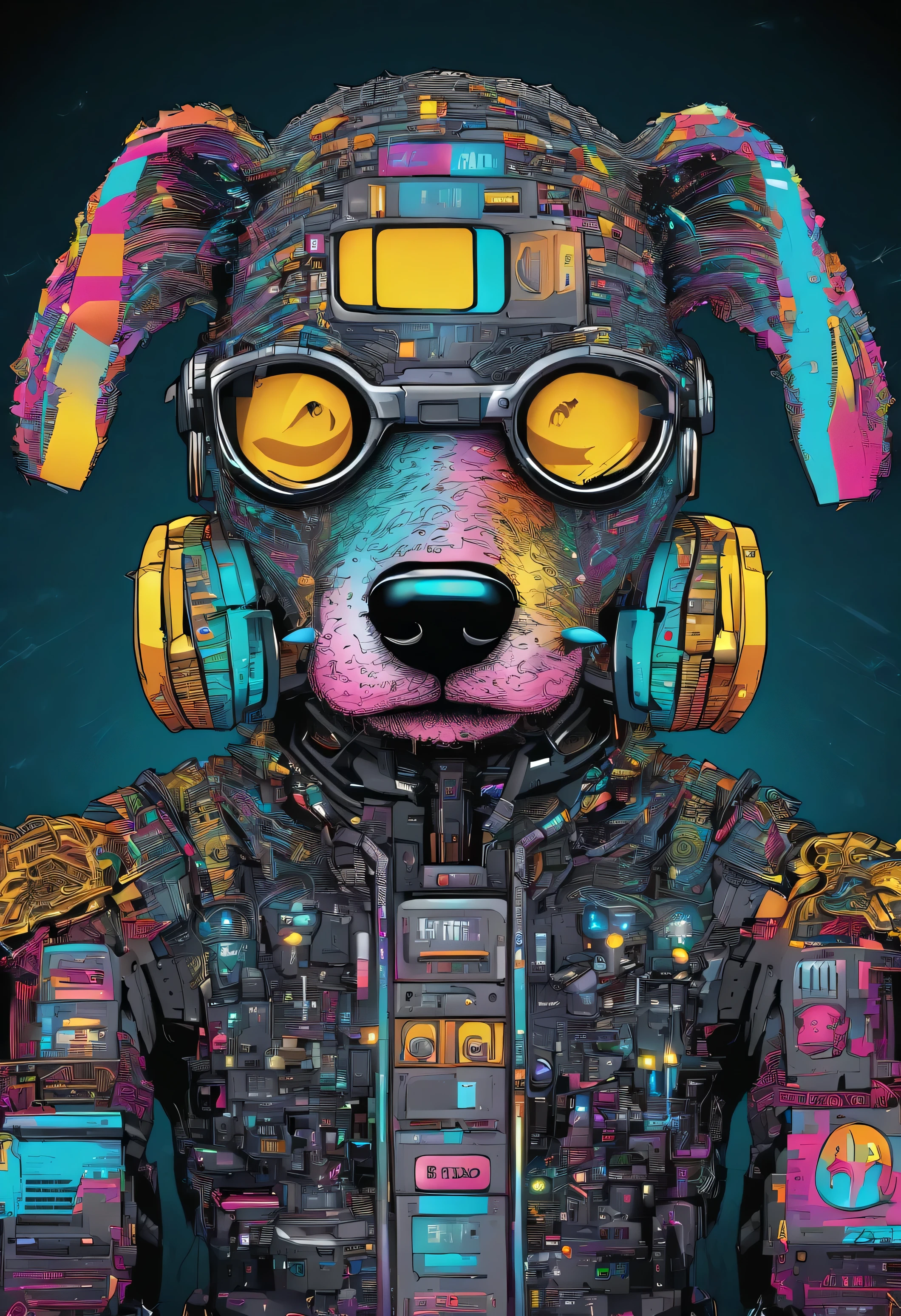 cool and trendy poodle, rainbow colored hair, yellow eyes, wear trendy hip hop clothes, wearing a hoodie, Graphic T-shirt and ripped jeans, Many tattoos and piercings, doodle style background, highly detailed background, perfect masterpiece, high quality, High resolution