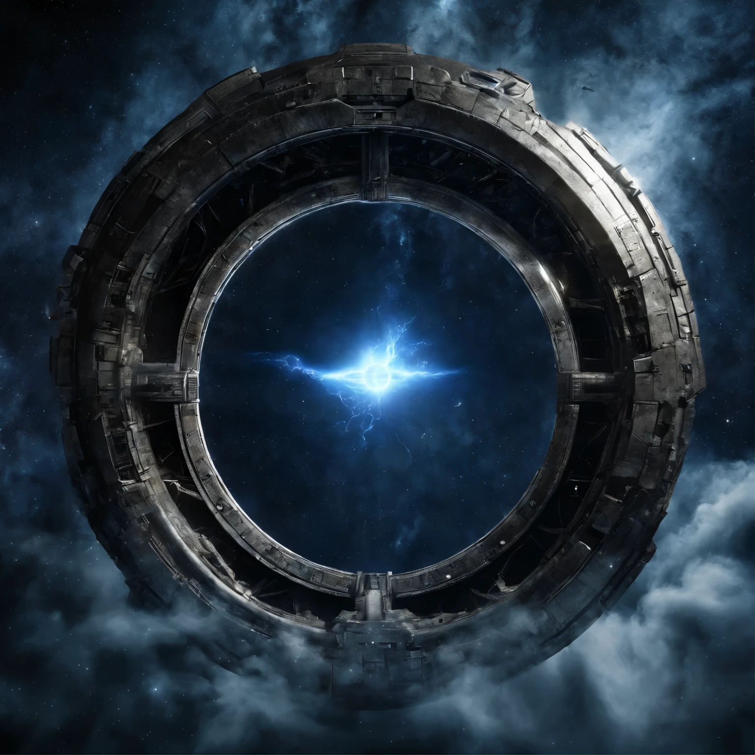 a very detailed image of the giant stargate ring in (deep space), (lightnings runs across the surface of the stargate ring), (((blue plasma inside the stargate ring flow to the center))), ((a huge spaceship opposite the stargate is preparing to pass through it)), a planet very far in the space on background, the milky way, space, stars, (Best Quality, 16K, Masterpiece, UHD, Ultra quality cinematic lighting, Huge detail, Well lit, sharp, hyper realistic, epic scale, insane level of details)