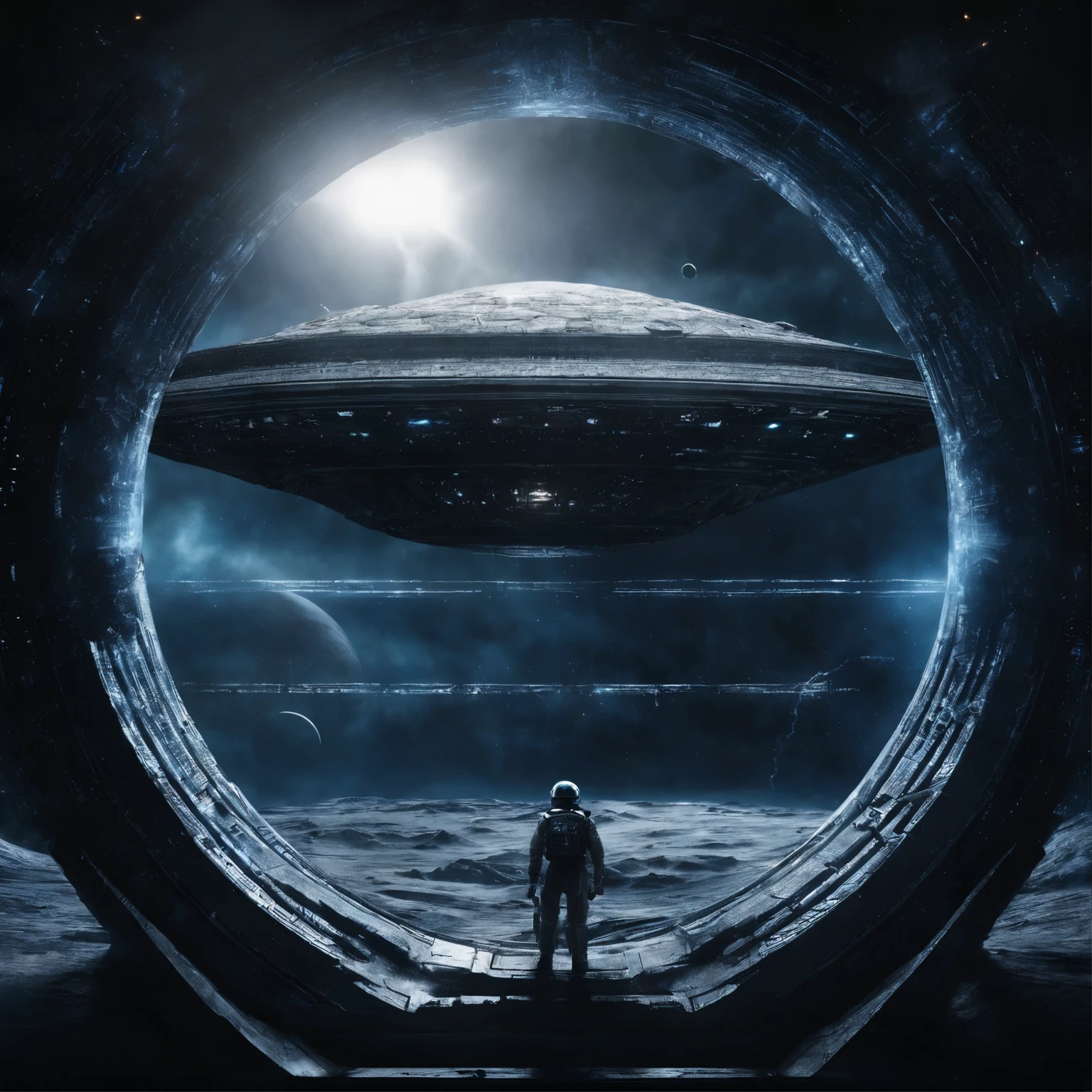 a very detailed image of the giant stargate ring in (deep space), (lightnings runs across the surface of the stargate ring), (((blue plasma inside the stargate ring flow to the center))), ((a huge spaceship opposite the stargate is preparing to pass through it)), a planet very far in the space on background, the milky way, space, stars, (Best Quality, 16K, Masterpiece, UHD, Ultra quality cinematic lighting, Huge detail, Well lit, sharp, hyper realistic, epic scale, insane level of details)