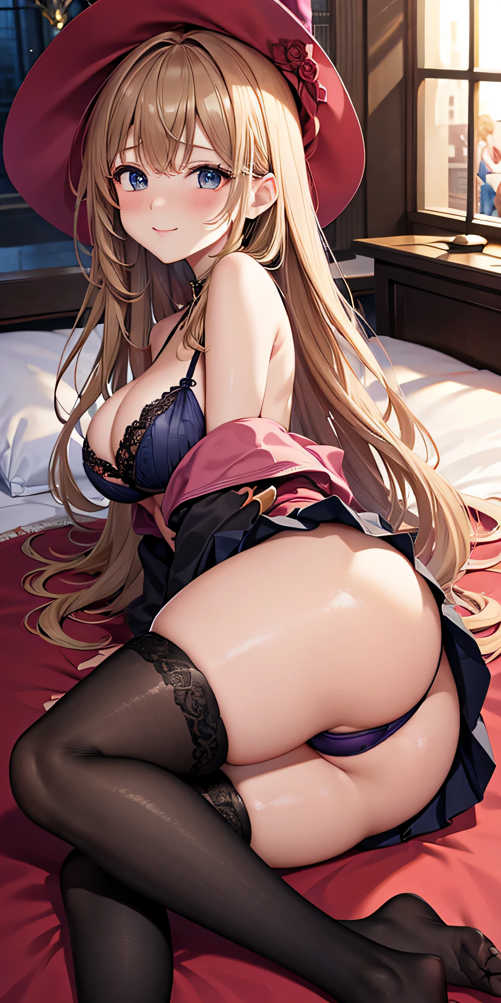 debris flies, highest quality, Highly detailed CG Unity 8K wallpaper, sexy witch , long dark blonde wavy hair、off shoulder knit, dark blue pleated skirt, stockings、medium breasts, saggy breasts, Pose that emphasizes the chest, blush, shy smile, bare shoulders, (pink lace panties、open your legs wide、please open your knees）、、luxury magic wand and book、church bed、lying in bed、stick out your butt、I can see all your butts、Red and black bra