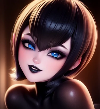 Fine and detailed face perfect blue eyes pale skin gothic makeup full lips sensual and provocative smile image 1.2 pelo negro corto con flequillo estilo bob, biting nails