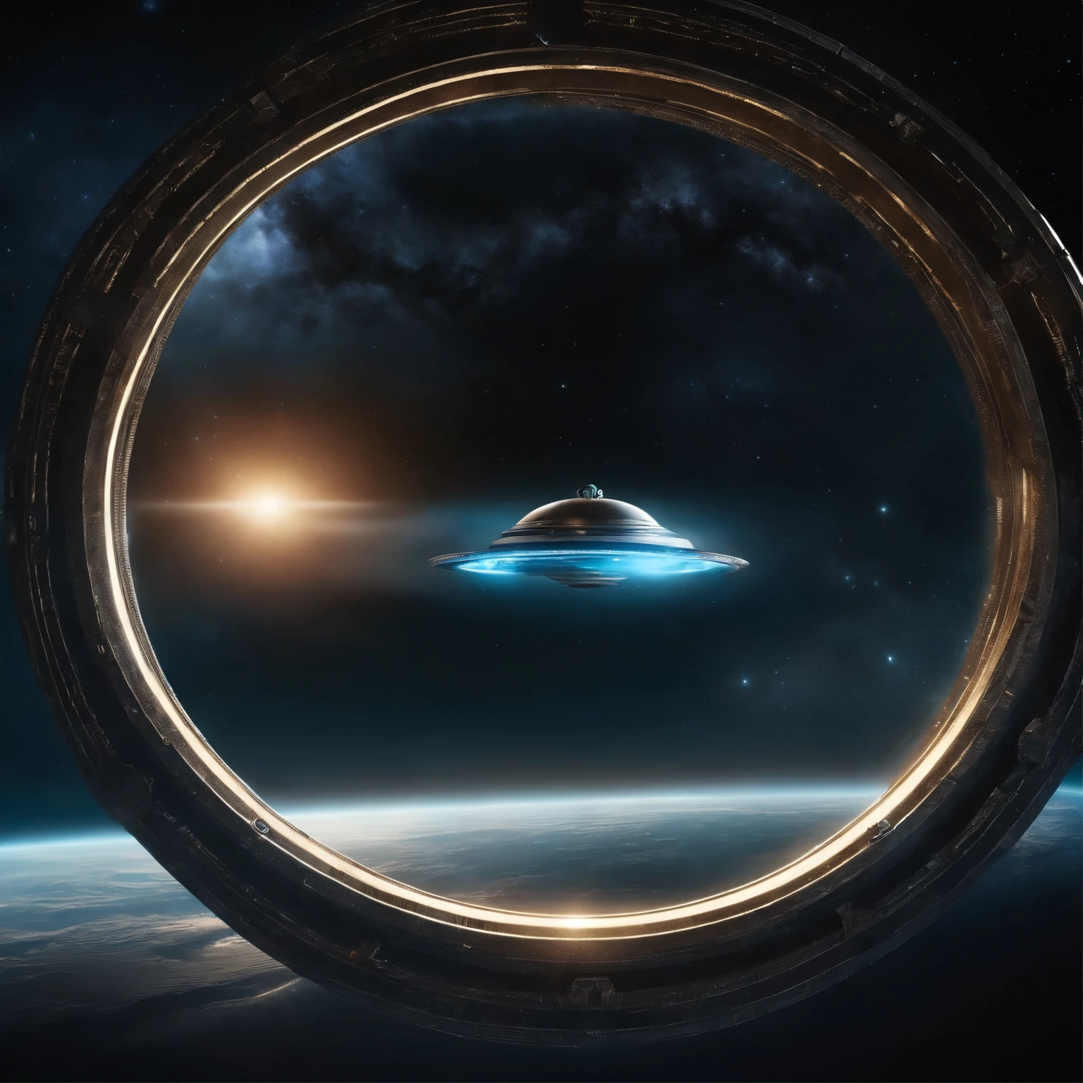 super detailed image of the giant stargate ring in ((the deep space)), (lightnings runs across the surface of the stargate ring), (((the entire space inside the stargate ring is filled with streams of plasma flowing towards the center))), ((a flying saucer opposite the stargate is preparing to pass through it)), a planet very far in the space on background, the milky way, space, stars, (Best Quality, 16K, Masterpiece, UHD, Ultra quality cinematic lighting, Huge detail, Well lit, sharp, hyper realistic, epic scale, insane level of details)