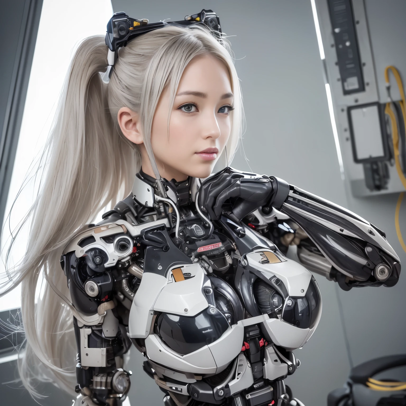 beautiful face,Facing Japan, 1 female, big, Curvaceous, (16k, RAW photo, highest quality, masterpiece: 1.2), (HDR, realistic, realistic: 1.37) (Tube attached to the body), (Bikini Cyborg Robot Parts)))), (light gray hair), long hair, wavy hair, twin tails, medium shot, ( enchanting smile)), (black eye), double eyelid, princess cut, from below, (whole body),take a pose,,In the laboratory,( Mechanical vertebrae attached to the back with tubes connected to blood vessels)),((Mechanical neck attached to the neck)),(Wires and cables mounted on the head and body),(character focus),,perfect woman image,完璧なanatomy, anatomy, whole bodyショット, Up to four fingers to one thumb relationship, spherical joint,