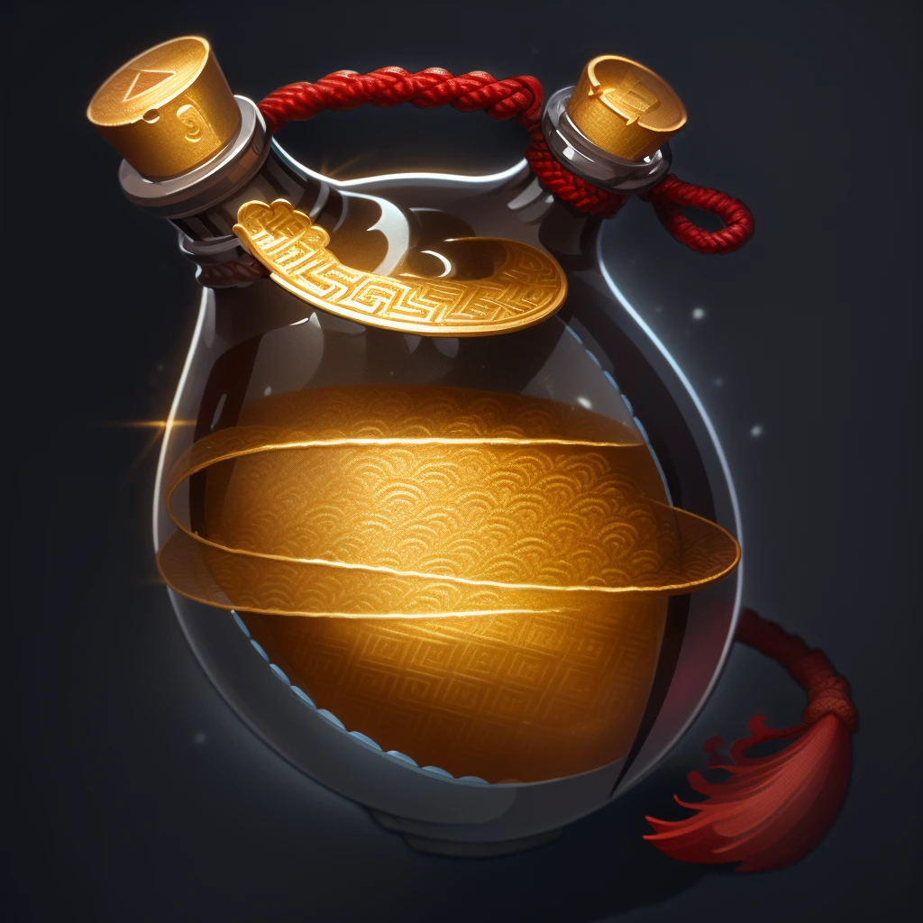 a bottle, gems, rope,reasonable structure, black
bottom, high definition, game icon,Chinese pattern,
Chinese style,(2d ),black background