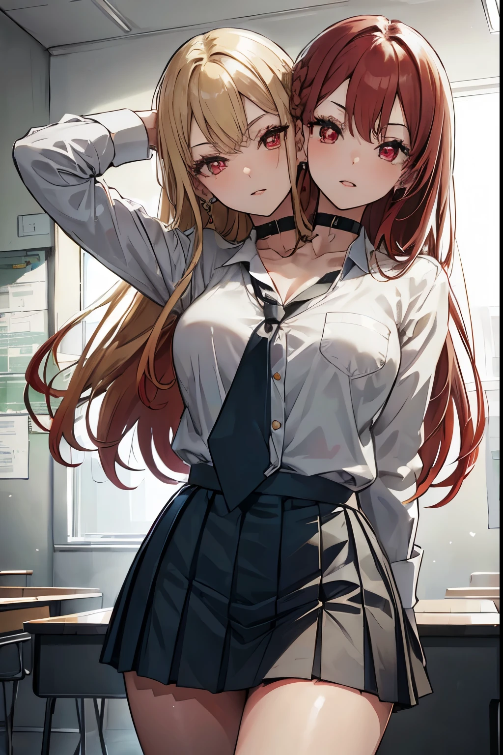 marin kitagawa, blonde hair, choker, ear piercing, earrings, long hair, piercing, (red eyes:1.5), straight hair, (two_heads:1.5), swept bangs,
BREAK black necktie, long sleeves, pleated skirt, school uniform, shirt, skirt, sleeves rolled up, white shirt, cleavage,
BREAK indoors, classroom,
BREAK looking at viewer, 
BREAK (masterpiece:1.2), best quality, high resolution, (beautiful detailed eyes:1.6), extremely detailed face, perfect lighting,