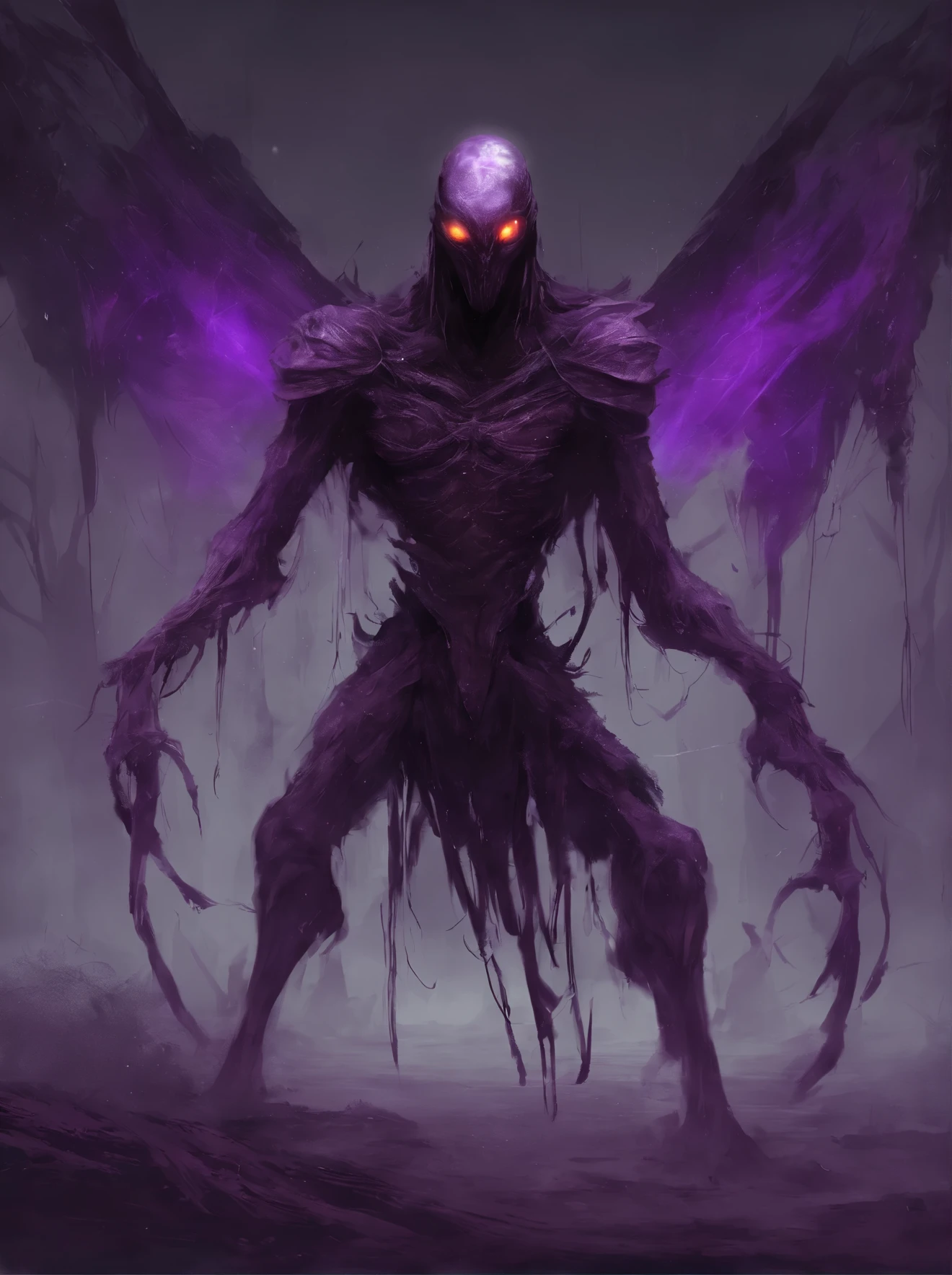 alien monster with purple glowing head, no face, (faceless) face replaced by purple light orb, having blades on it's hands, (Blades on arms), assasin dress, using 2 blade swords, flying creature, hooded head, mob, scarry creature, 4k, detailed painting, painting style, ugly monster, awful, horror monster, paint artifacts, sepia, no landscape, night, horror mob, estetic art, digital art style,