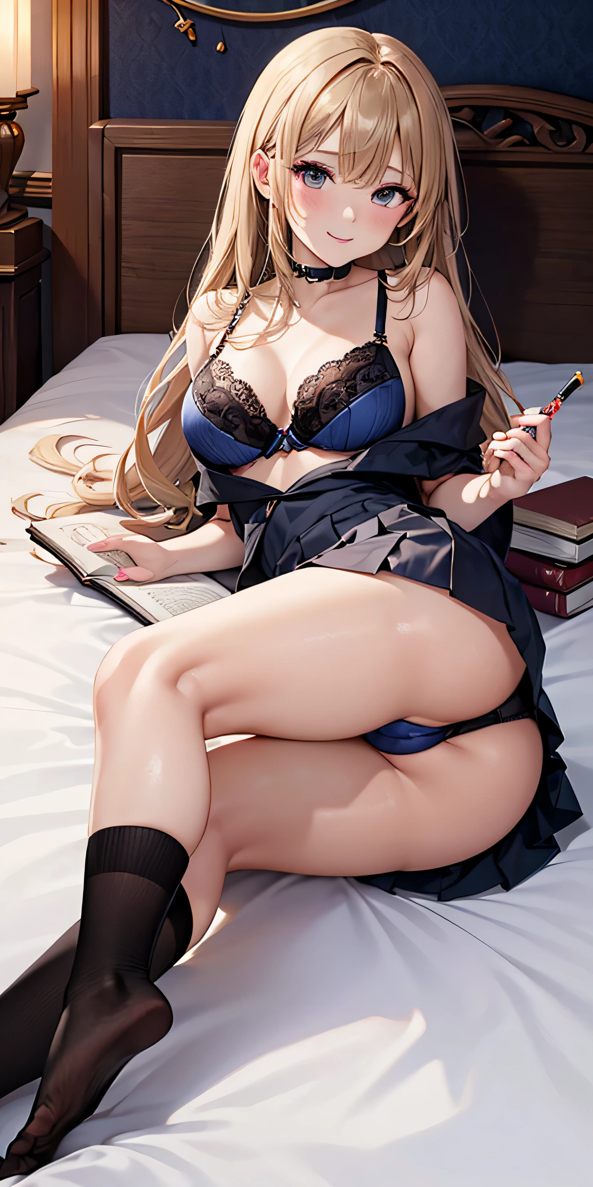 debris flies, highest quality, Highly detailed CG Unity 8K wallpaper, sexy witch , long dark blonde wavy hair、off shoulder knit, dark blue pleated skirt, stockings、medium breasts, saggy breasts, Pose that emphasizes the chest, blush, shy smile, bare shoulders, (pink lace panties、open your legs wide、please open your knees)、、luxury magic wand and book、church bed、lying in bed、stick out your butt、I can see all your butts、Red and black bra