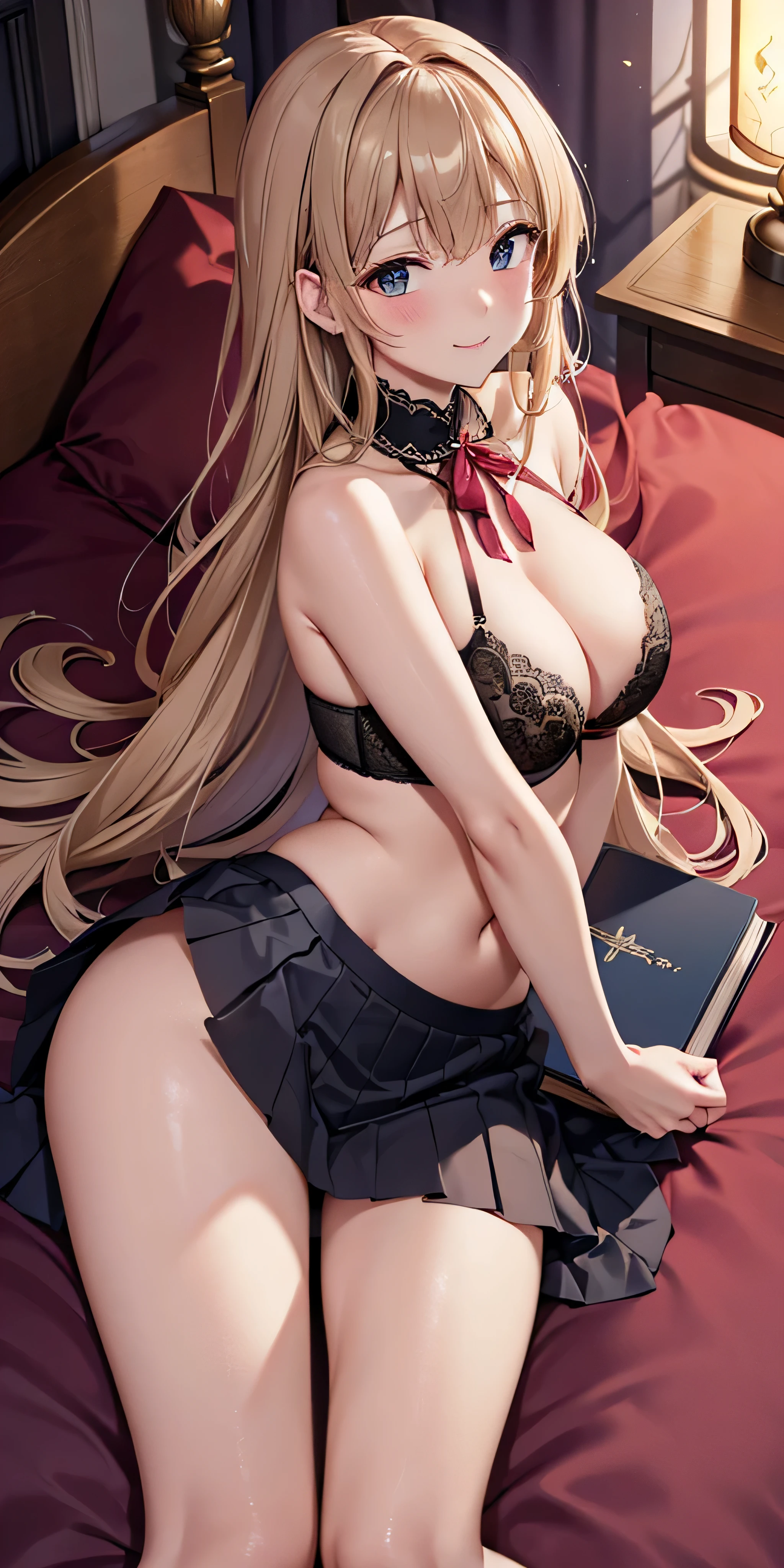debris flies, highest quality, Highly detailed CG Unity 8K wallpaper, sexy witch , long dark blonde wavy hair、off shoulder knit, dark blue pleated skirt, stockings、medium breasts, saggy breasts, Pose that emphasizes the chest, blush, shy smile, bare shoulders, (pink lace panties、open your legs wide、please open your knees)、、luxury magic wand and book、church bed、lying in bed、stick out your butt、I can see all your butts、Red and black bra