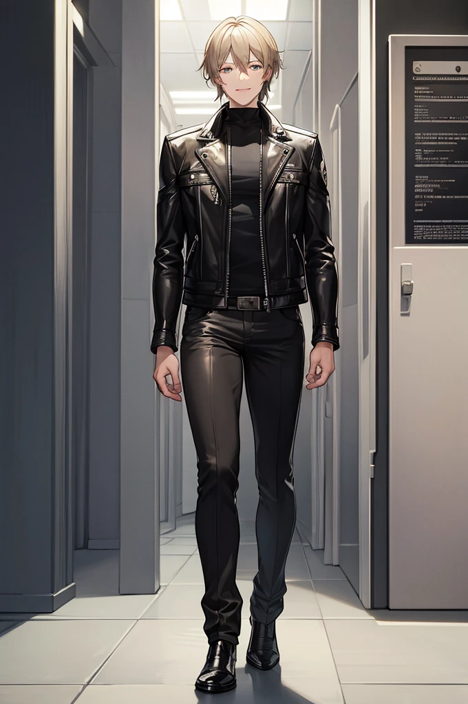 masterpiece, highest quality, (Highly detailed CG Unity 8K wallpaper) (highest quality), (best illustrations), best shadow, male, criminal, leather jacket, smile, Tall man, delicate face