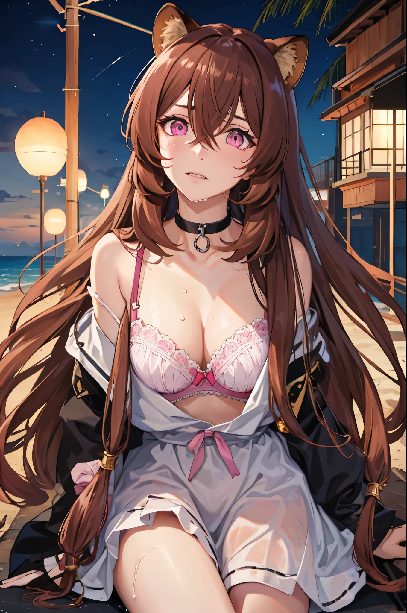 High quality, hyperrealism, Raphtalia, pink eyes,long hair, Raccoon ears, hair between eyes, Brown hair , wet white shirt, black bra under shirt , night, a night beach, Pink cheeks, evil look, tired look, choker