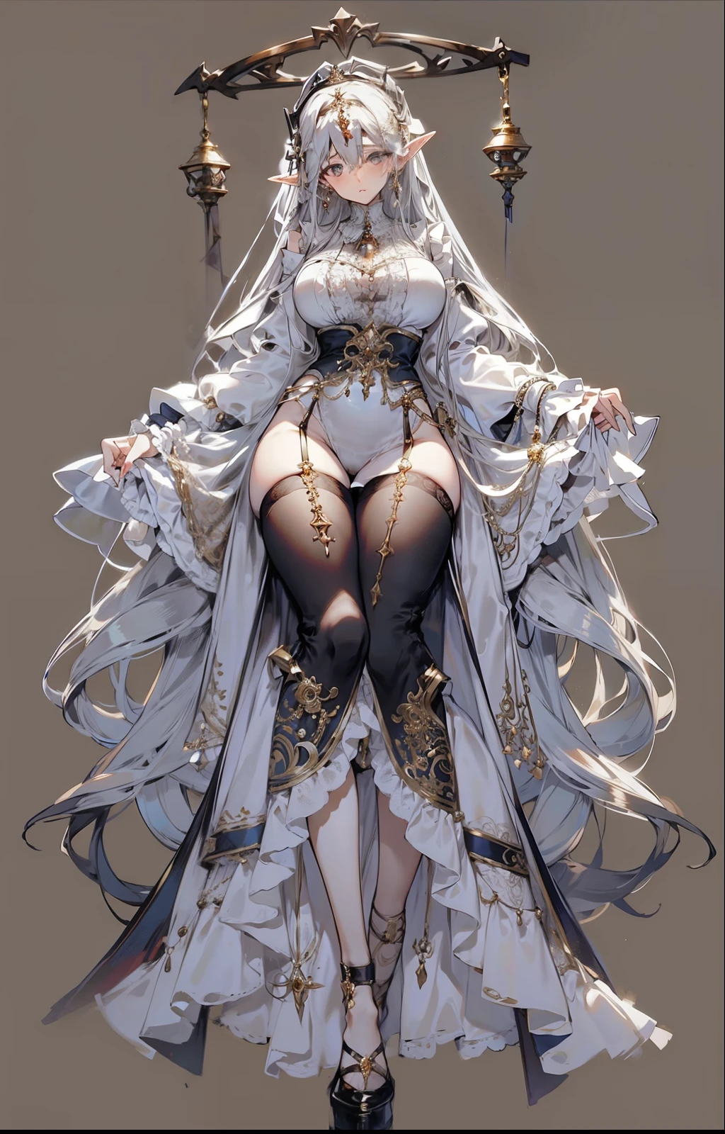 busty anime girl elf, milf, mommy, soft and adorable body and face, wearing a long loose opera singer dress, wearing a nun veil with various small hanging by a thread gold ornaments, long sleeves that cover her entire arm and hands with triangular shaped frills at the end, sitting on a crescent moon shaped swing long hair, fairy tale, sleeping beauty, mystic fantasy character design, full body, concept art,