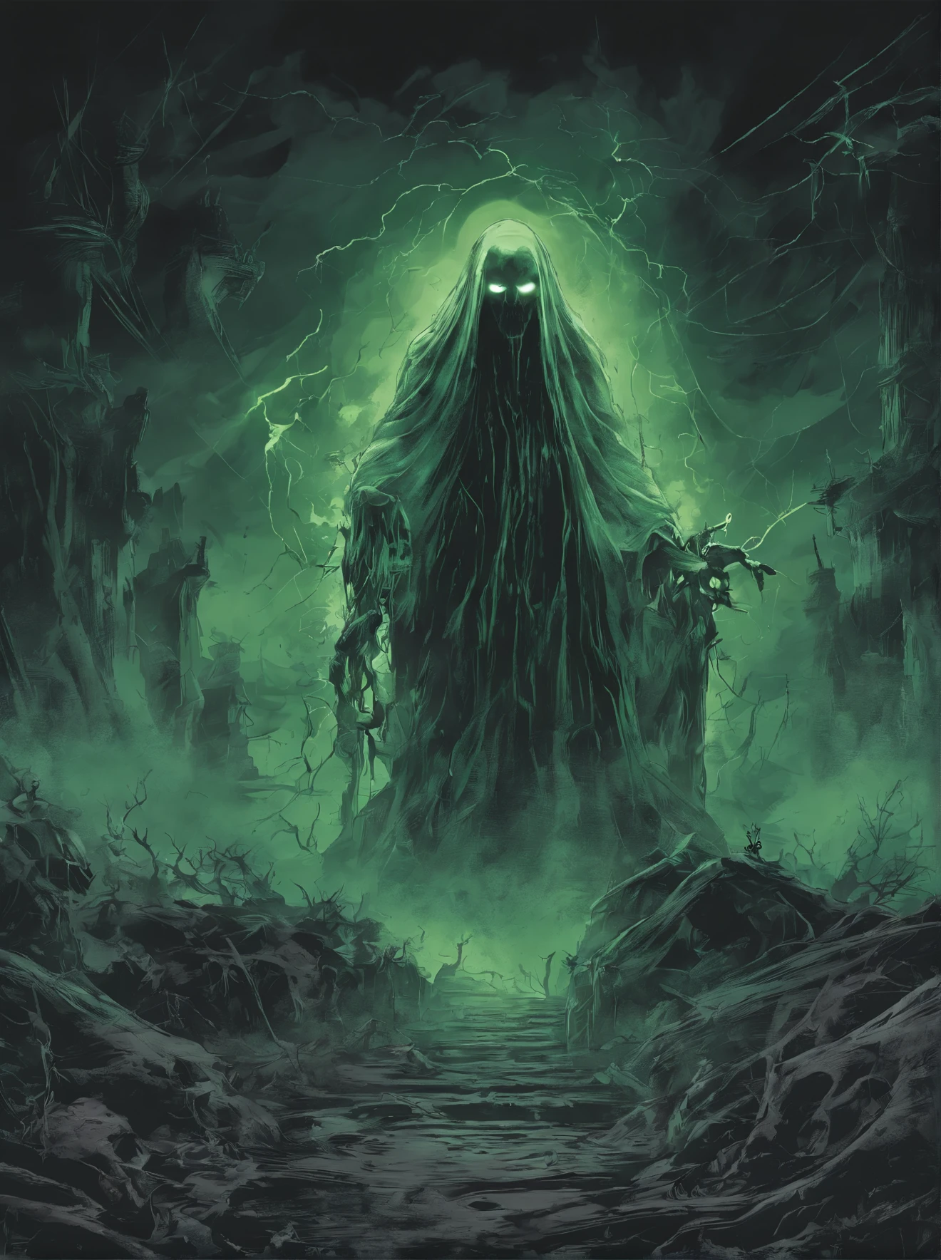 evitating ghost, glowing green light, it's body is lightning, more green light, bolts, flying phantom, ectoplasm, game enemy, broken skin, levitating, human skeleton, mob, scarry creature, 4k, detailed painting, painting style, ugly monster, awful, horror monster, paint artifacts, sepia, screaming, evil face, no landscape, night, horror mob, terrify art, digital art style,