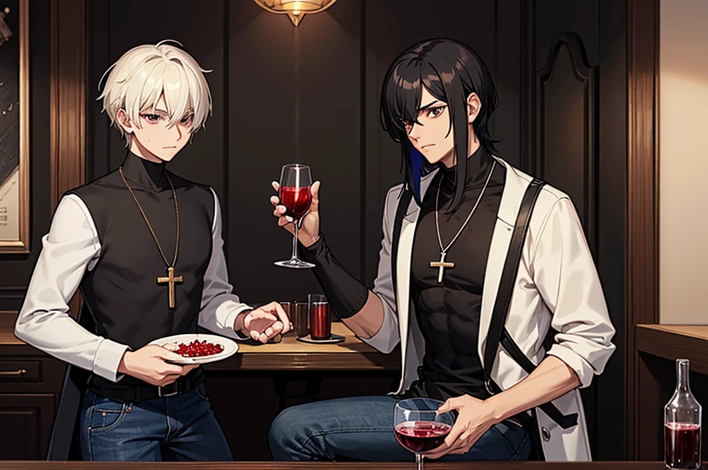 3 man sitting detailed, aesthetic, bar in brown colors. Weak warm light
1boy, black eyes, black hair, black shirt, closed mouth, cross, cross necklace, grey eyes, hair over one eye, jewelry, multicolored hair, necklace, short hair, turtleneck, wery big black coat, wery long coat. Holds in his hands a glass glass with pomegranate red translucent juice
1 man with wery long black hair and red eyes. clothed in black sleeveless bodysuit, jeans. Holds wine in a glass goblet, in glass is a cinnamon stick 
1 man with short blond hair and two long strands of hair on the sides of his face, in the middle of the bangs, the strand is black. black eyes. big blue coat, white t-shirt, black. turtleneck, black jeans. Holds wine in glass goblet, in the glass there is a cinnamon stick.
New Year's aesthetics
