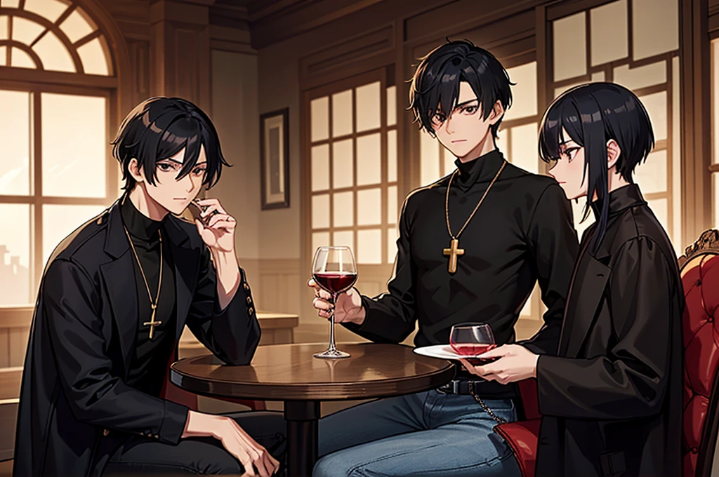 3 man sitting detailed, aesthetic, bar in brown colors. Weak warm light
1boy, black eyes, black hair, black shirt, closed mouth, cross, cross necklace, grey eyes, hair over one eye, jewelry, multicolored hair, necklace, short hair, turtleneck, wery big black coat, wery long coat. Holds in his hands a glass glass with pomegranate red translucent juice
1 man with wery long black hair and red eyes. clothed in black sleeveless bodysuit, jeans. Holds wine in a glass goblet, in glass is a cinnamon stick 
1 man with short blond hair and two long strands of hair on the sides of his face, in the middle of the bangs, the strand is black. black eyes. big blue coat, white t-shirt, black. turtleneck, black jeans. Holds wine in glass goblet, in the glass there is a cinnamon stick.
New Year's aesthetics