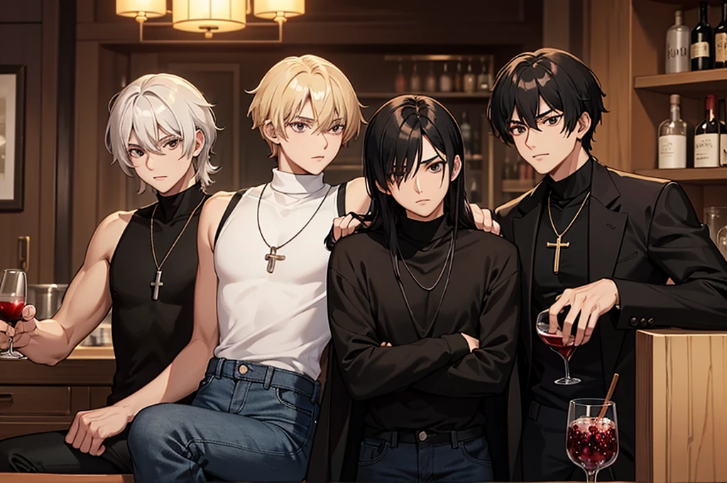 3 man sitting detailed, aesthetic, bar in brown colors. Weak warm light
1boy, black eyes, black hair, black shirt, closed mouth, cross, cross necklace, grey eyes, hair over one eye, jewelry, multicolored hair, necklace, short hair, turtleneck, wery big black coat, wery long coat. Holds in his hands a glass glass with pomegranate red translucent juice
1 man with wery long black hair and red eyes. clothed in black sleeveless bodysuit, jeans. Holds wine in a glass goblet, in glass is a cinnamon stick 
1 man with short blond hair and two long strands of hair on the sides of his face, in the middle of the bangs, the strand is black. black eyes. big blue coat, white t-shirt, black. turtleneck, black jeans. Holds wine in glass goblet, in the glass there is a cinnamon stick.
New Year's aesthetics