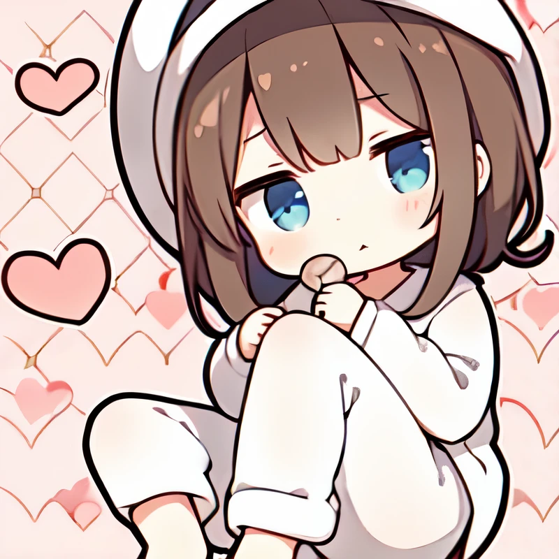 （In 8K, best quality, muste piece:1.2)、ultra high resolution、chibi,whole body,1 pretty girl、brown hair,light blue eyes,floppy eared rabbit white hat,（blank space on top of hat）,white fluffy pajamas、slipper,heart pattern background,