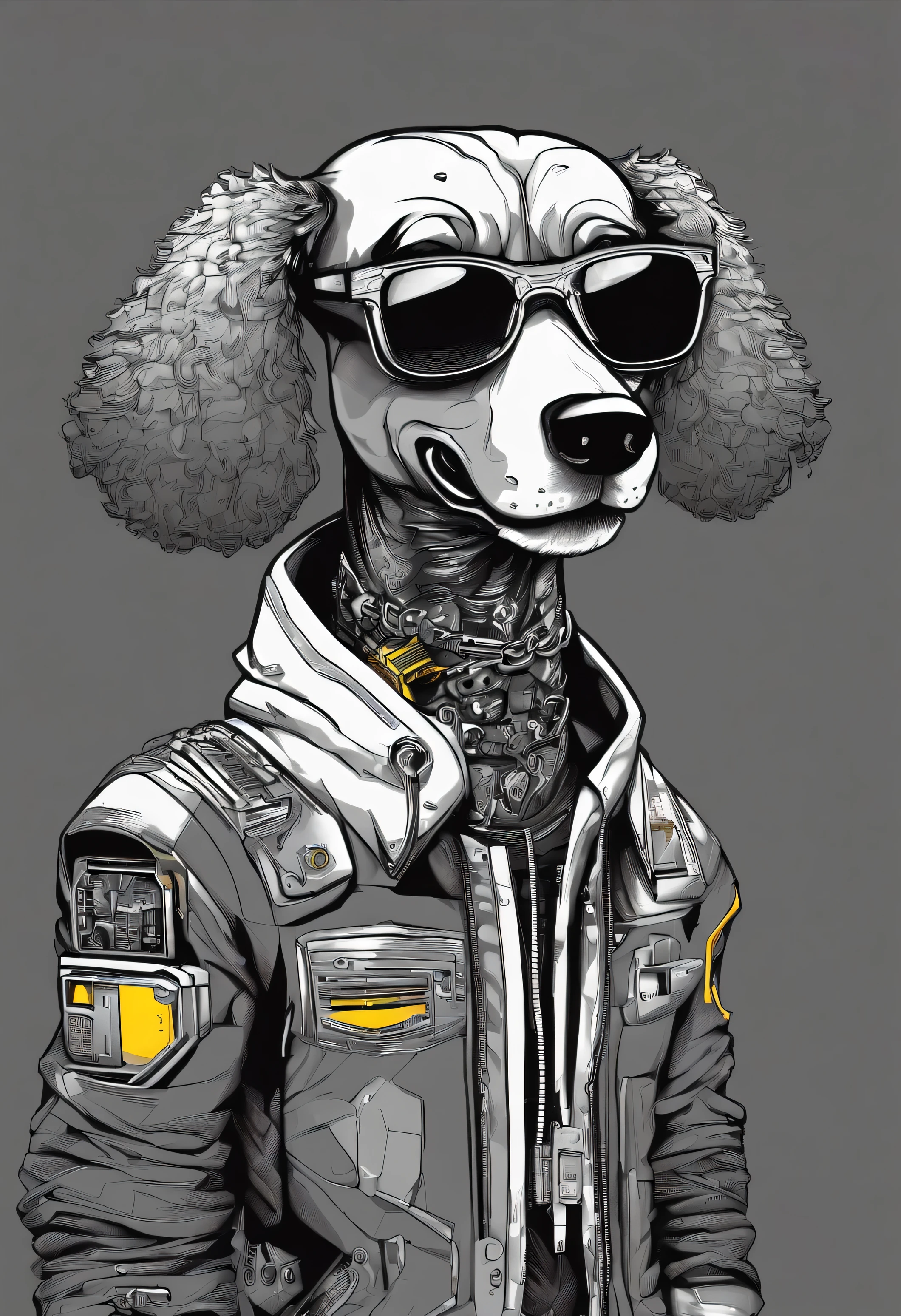 cool and trendy poodle, rainbow colored hair, yellow eyes, wear trendy hip hop clothes, wearing a hoodie, Graphic T-shirt and ripped jeans, Many tattoos and piercings, Smoke a cigarette,doodle style background, highly detailed background, perfect masterpiece, high quality, High resolution