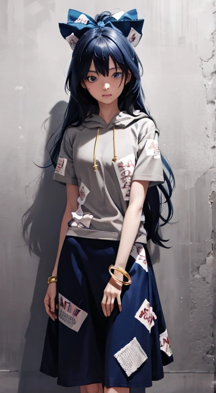 High resolution, highest quality,1 girl, very long hair, ridiculously long hair, blue hair, blue eyes,hair ribbon,hoodie,short sleeve, debt, bracelet,blue skirt, damaged, face with shadow, gray background