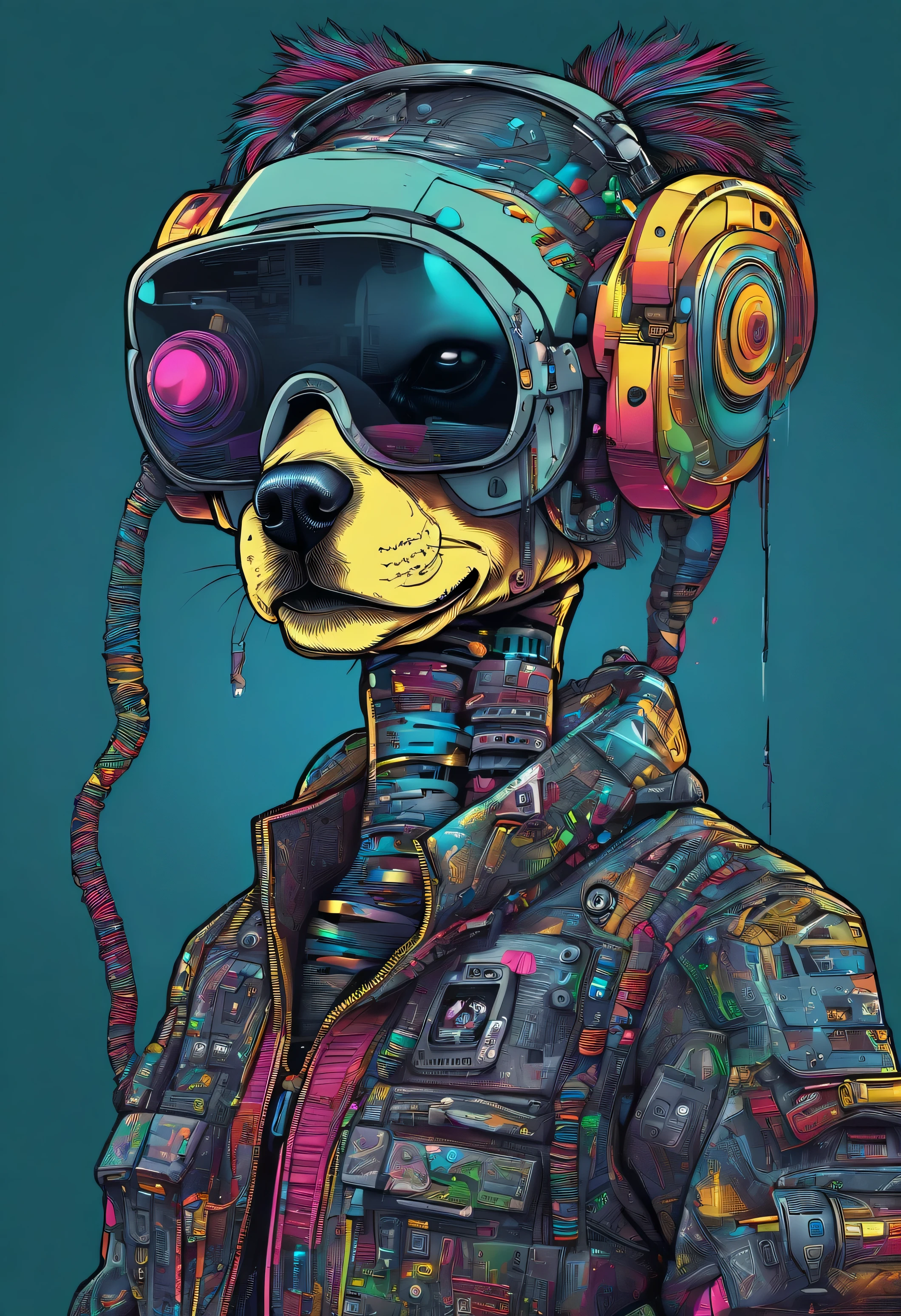 cool and trendy poodle, rainbow colored hair, yellow eyes, wear trendy hip hop clothes, wearing a hoodie, Graphic T-shirt and ripped jeans, Many tattoos and piercings, Smoking shisha,doodle style background, highly detailed background, perfect masterpiece, high quality, High resolution