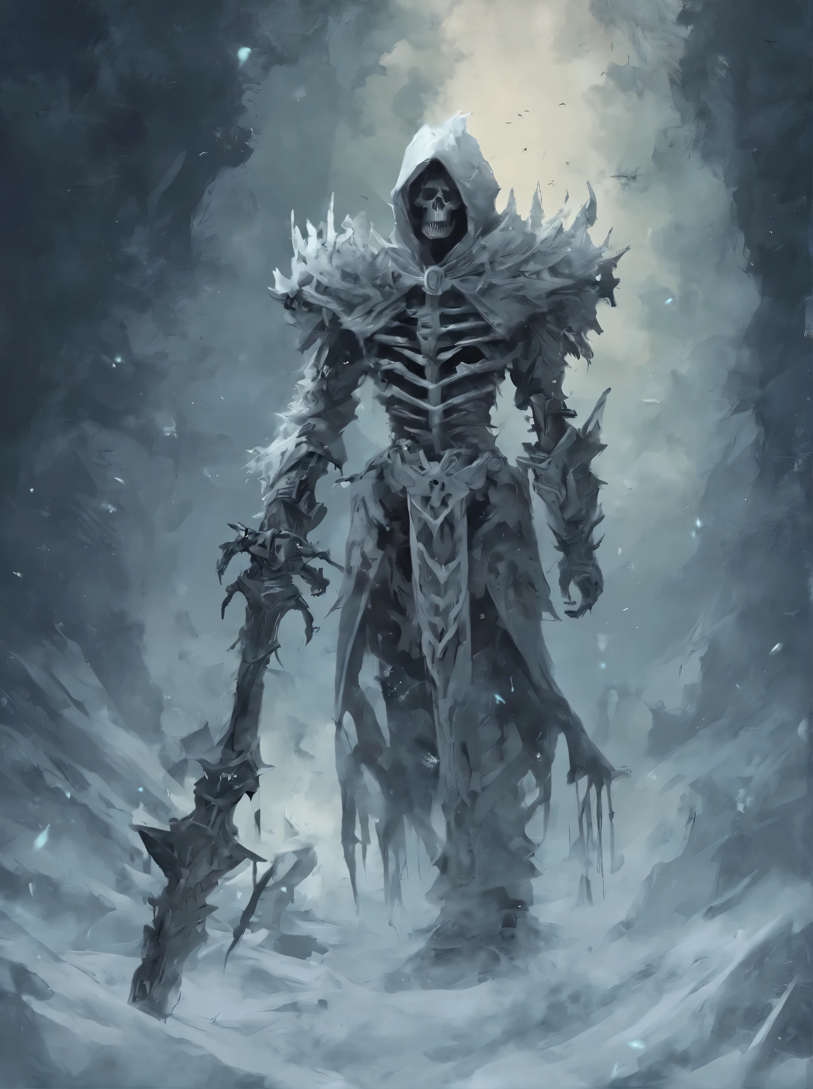 ice skeleton, ice, snow, skeleton, holding ice sword, greatsword, ice armor, mob, scarry creature, 4k, detailed painting, painting style, ugly monster, awful, horror monster, paint artifacts, sepia, screaming, evil face, no landscape, night, horror mob, terrify art, digital art style,