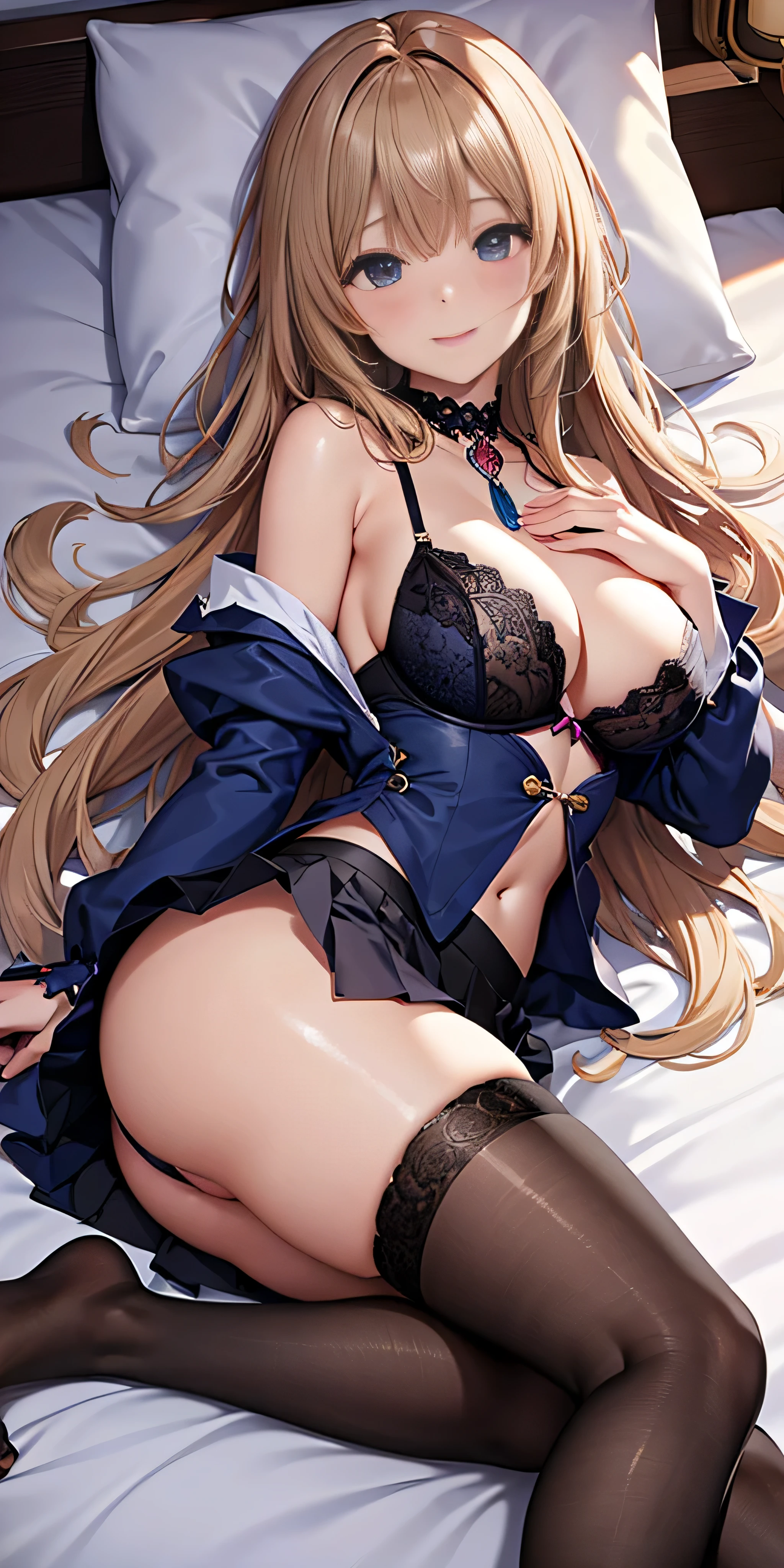debris flies, highest quality, Highly detailed CG Unity 8K wallpaper, sexy witch , long dark blonde wavy hair、off shoulder knit, dark blue pleated skirt, stockings、medium breasts, saggy breasts, Pose that emphasizes the chest, blush, shy smile, bare shoulders, (pink lace panties、open your legs wide、please open your knees)、、luxury magic wand and book、church bed、lying in bed、stick out your butt、I can see all your butts、Dark blue bra