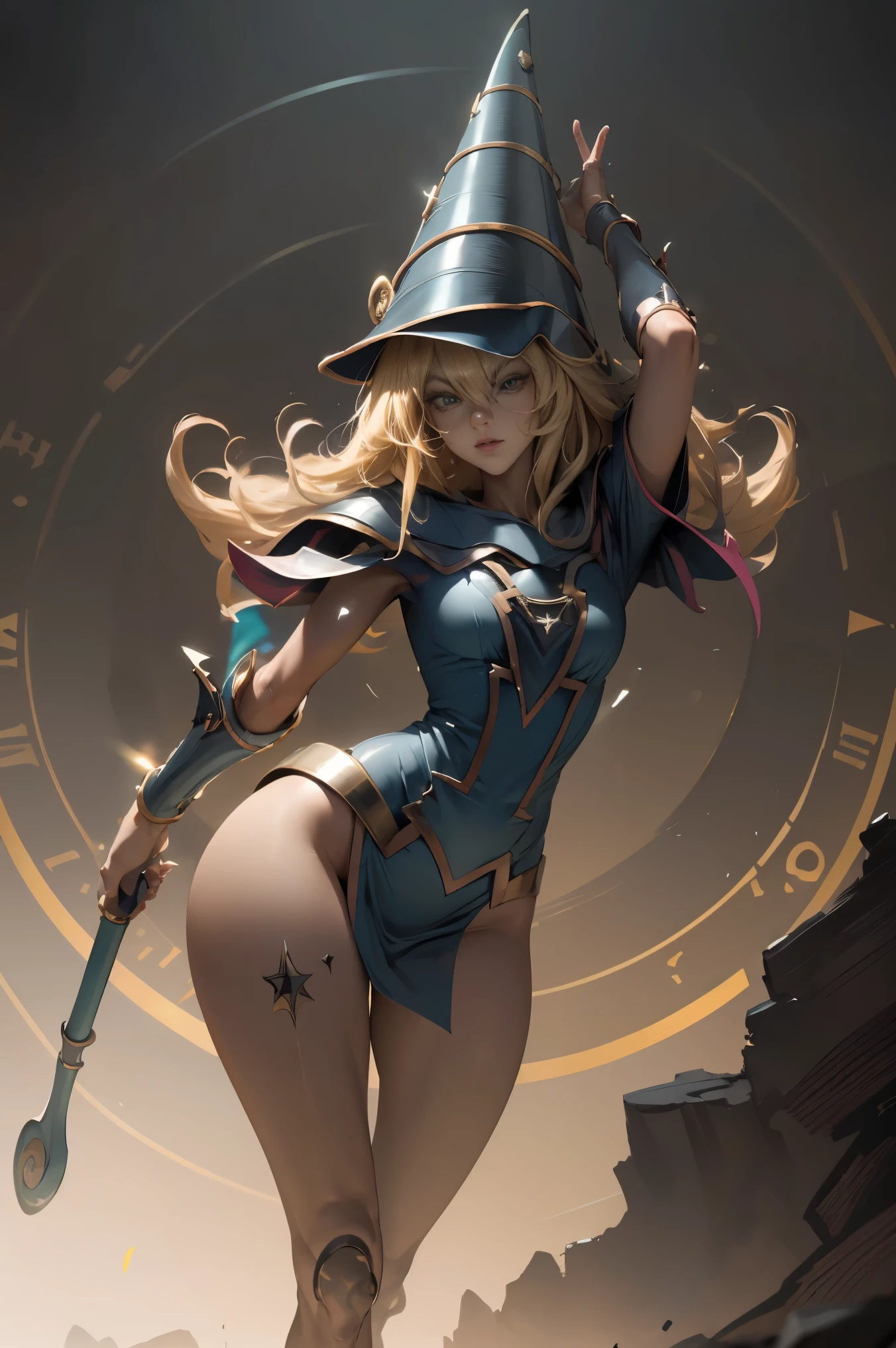(8k,fotorrealista Raw photography highest qualityr;1.4) (1chica en) super beauty (cara realista) cuerpo femenino (Rubia de rizos largos) Hold a black and red magic wand Escena de combate Magic hat with black and gold exterior Beautiful expression Deslumbramiento (Piel de aspecto real) (Giles magos oscuros) Tentador Super high resolution Un hiperrealista Alto detalle foto de cuerpo completo restos