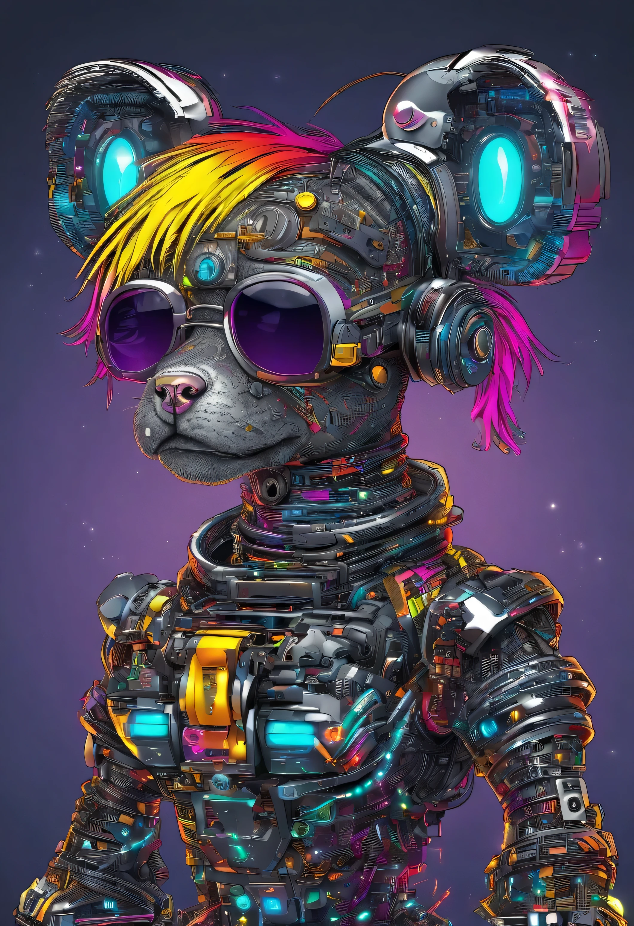 cool and trendy poodle, rainbow colored hair, yellow eyes, wear trendy hip hop clothes, wearing a hoodie, Graphic T-shirt and ripped jeans, Many tattoos and piercings, doodle style background, highly detailed background, perfect masterpiece, high quality, High resolution