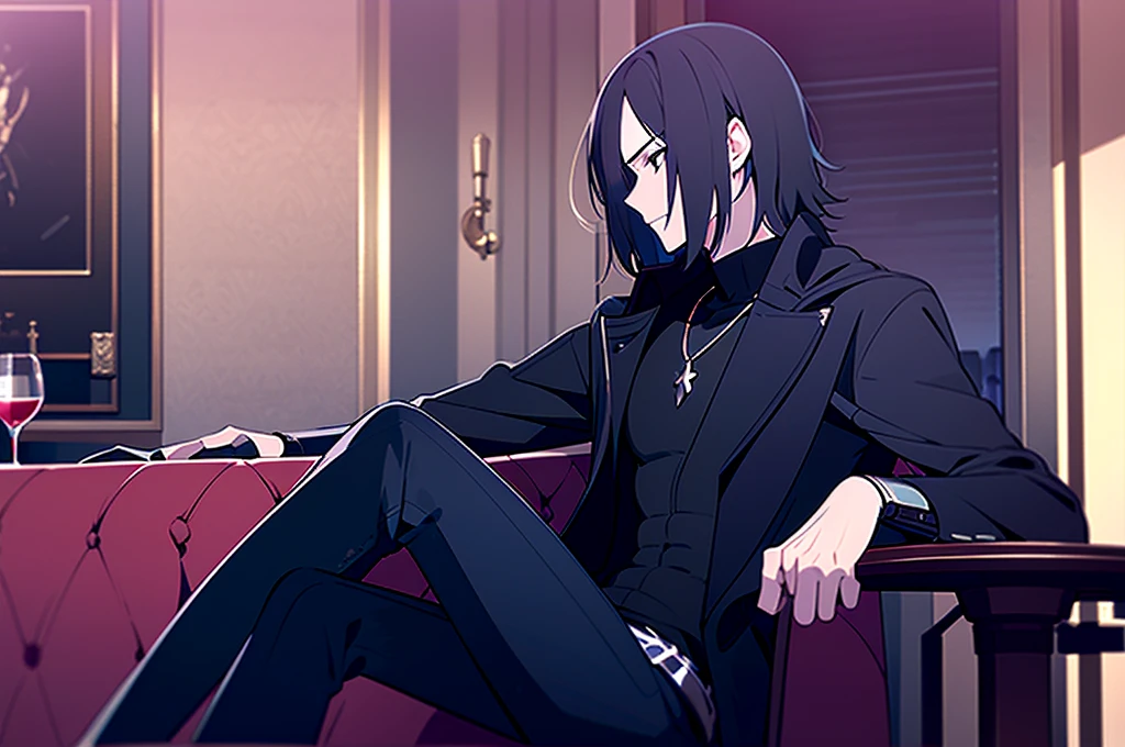 3 man sitting, aesthetic, bar in brown colors. Weak warm light
1boy, black eyes, black hair, black shirt, closed mouth, cross, cross necklace, grey eyes, hair over one eye, jewelry, multicolored hair, necklace, short hair, turtleneck, wery big black coat, wery long coat. Holds in his hands a glass glass with pomegranate red translucent juice
1 man with wery long black hair and red eyes. clothed in black sleeveless bodysuit, jeans. Holds wine in a glass goblet, in glass is a cinnamon stick
1 man with short blond hair and two long strands of hair on the sides of his face, in the middle of the bangs, the strand is black. black eyes. big blue coat, white t-shirt, black. turtleneck, black jeans. Holds wine in glass goblet, in the glass there is a cinnamon stick.
New Year's aesthetics